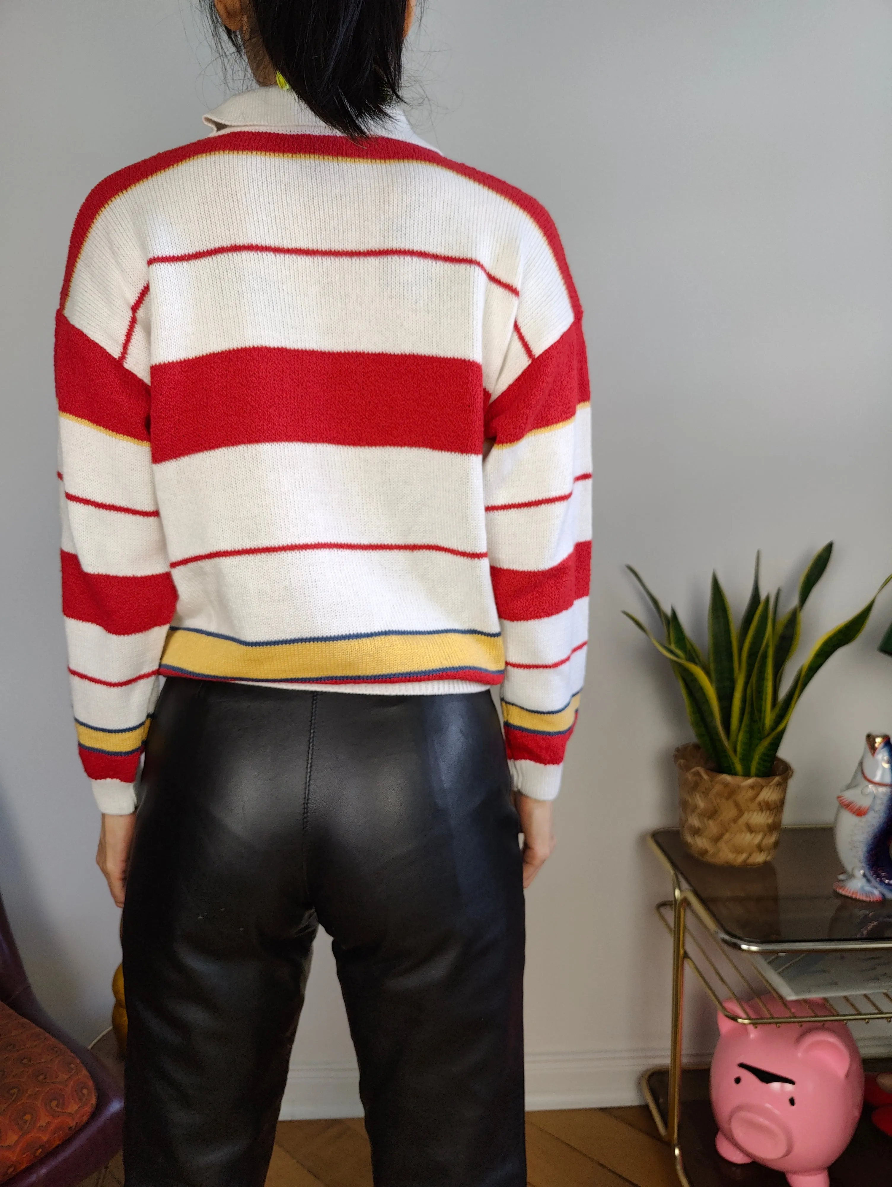 Vintage knit polo collar sweater knitted top pullover jumper white red stripes XS-S