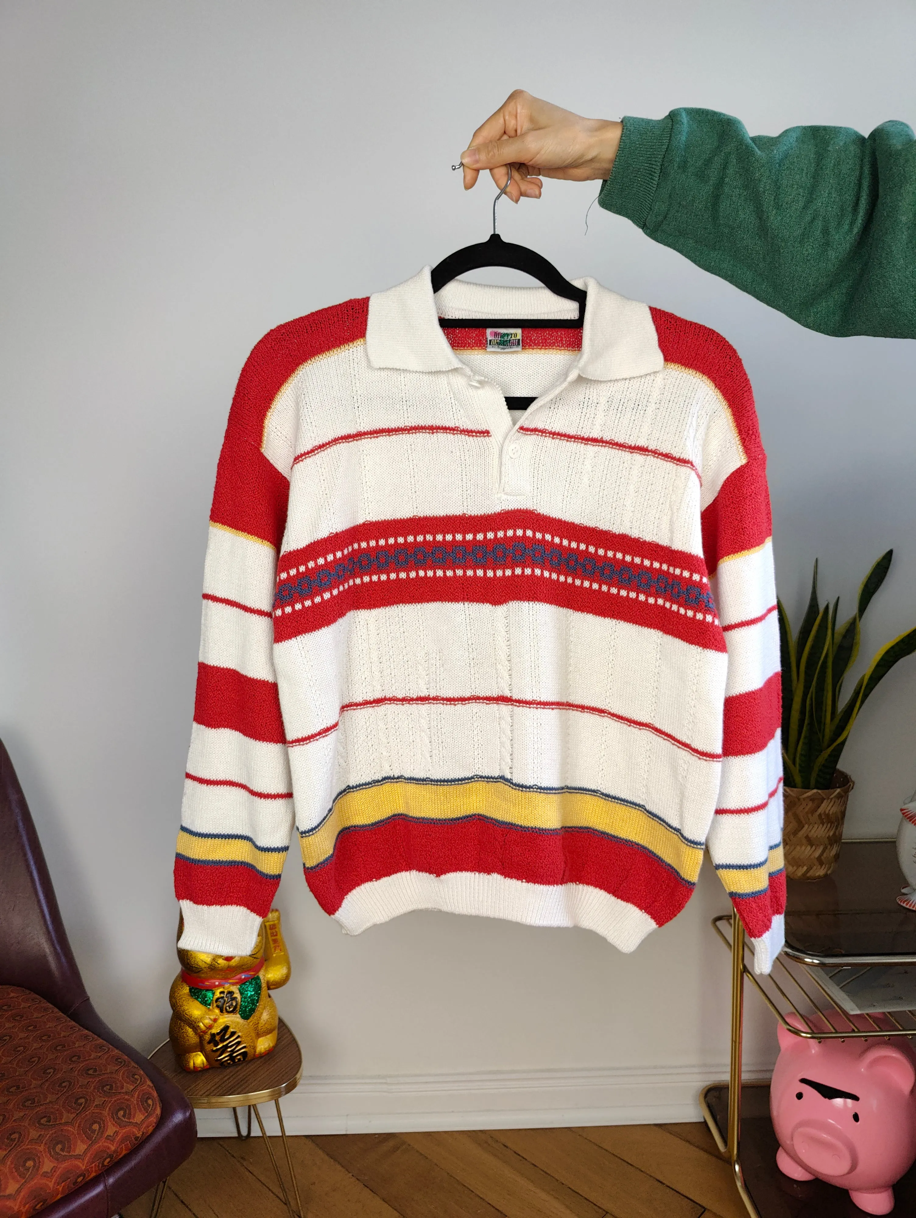 Vintage knit polo collar sweater knitted top pullover jumper white red stripes XS-S