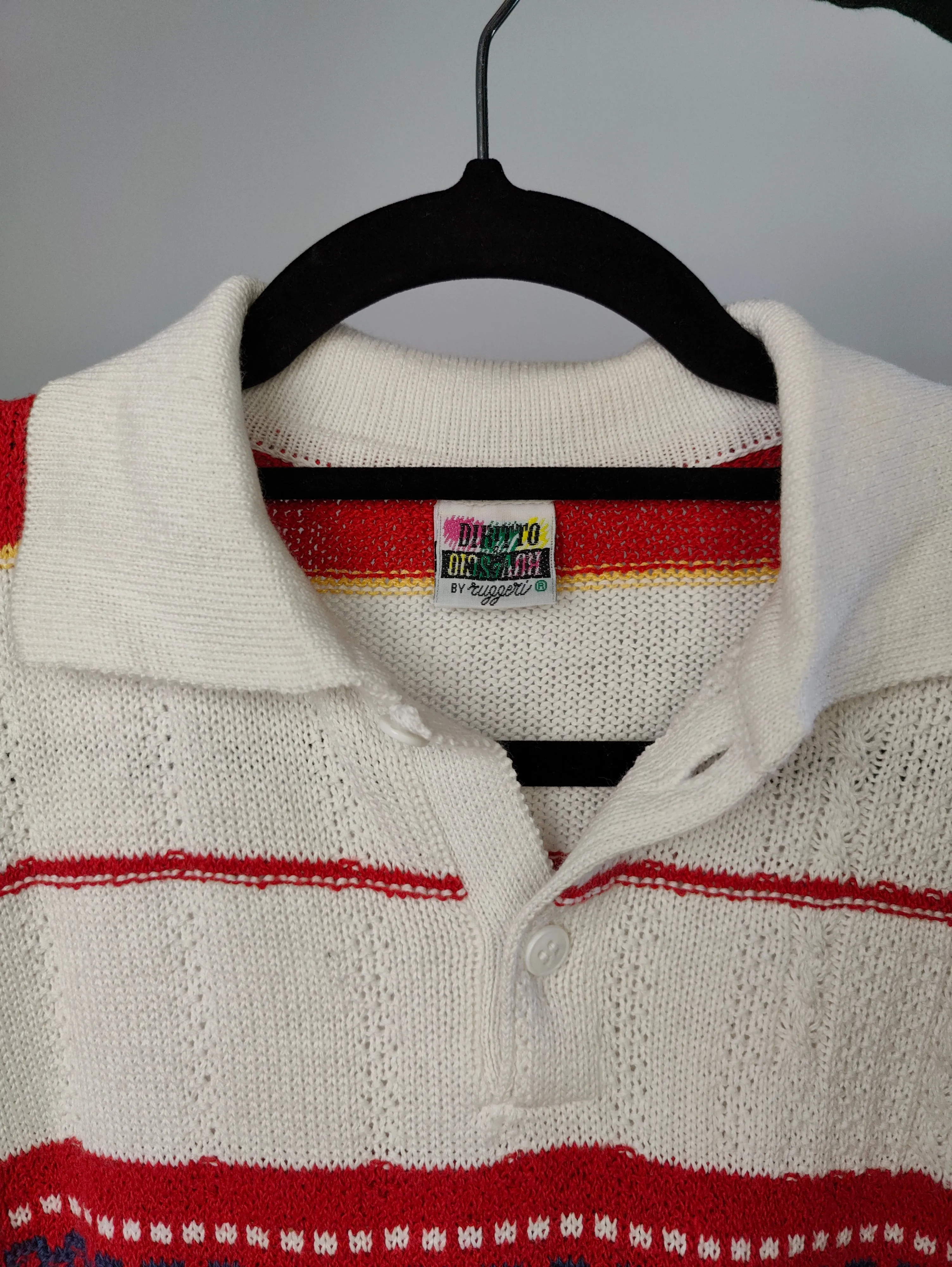 Vintage knit polo collar sweater knitted top pullover jumper white red stripes XS-S