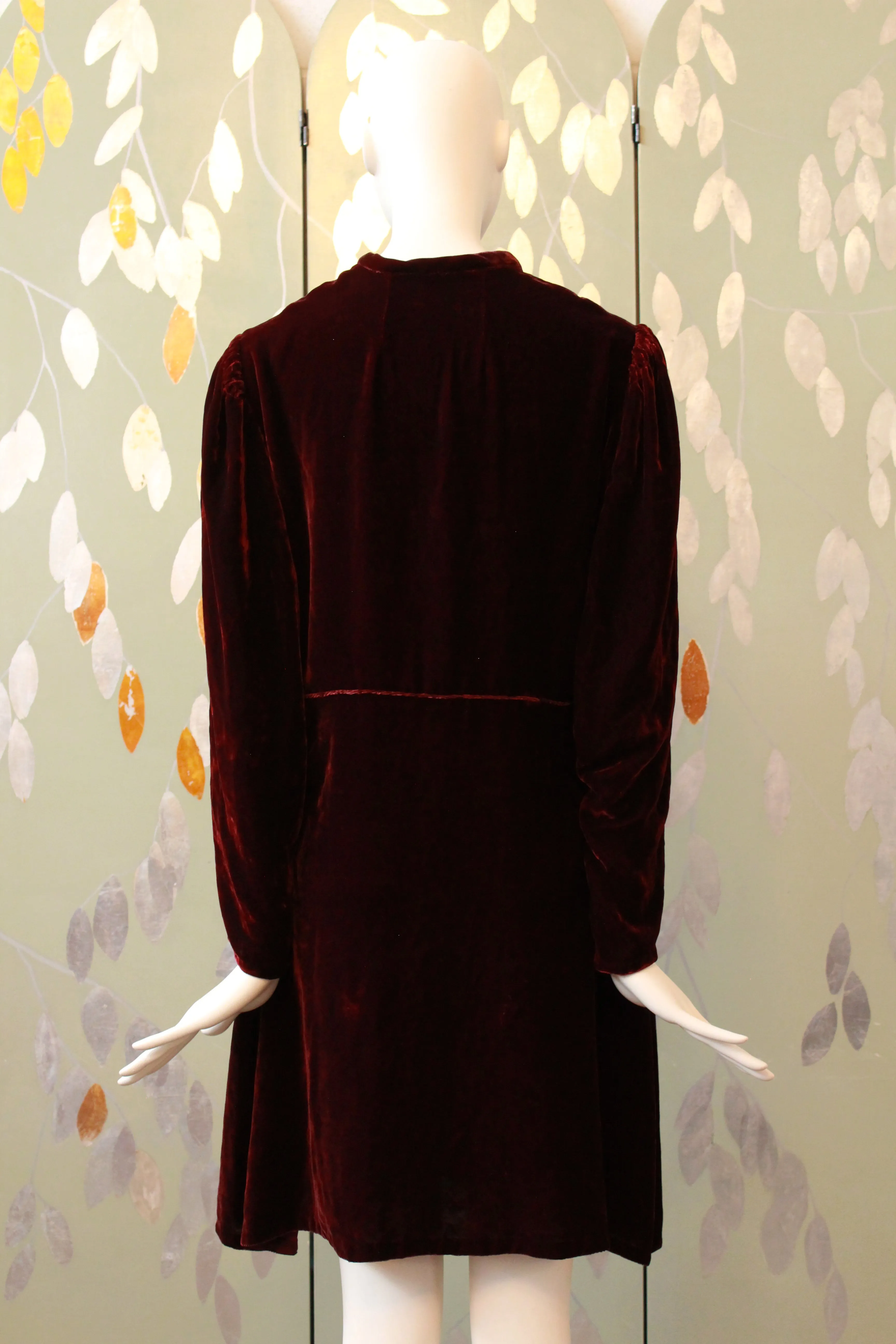Vintage Late 1930s / Early 1940s Deep Red Maroon Velvet Dress, L-XL