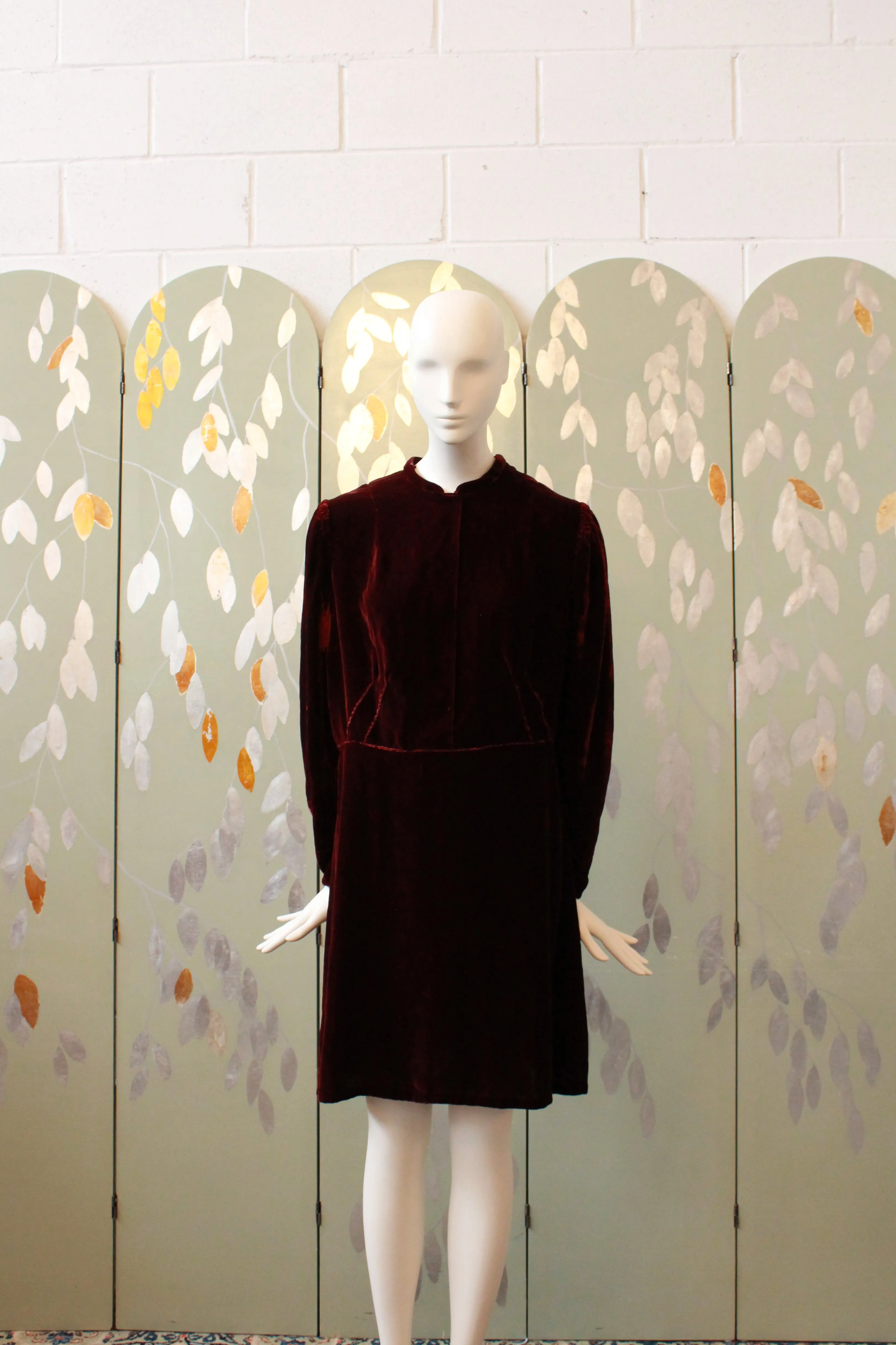 Vintage Late 1930s / Early 1940s Deep Red Maroon Velvet Dress, L-XL