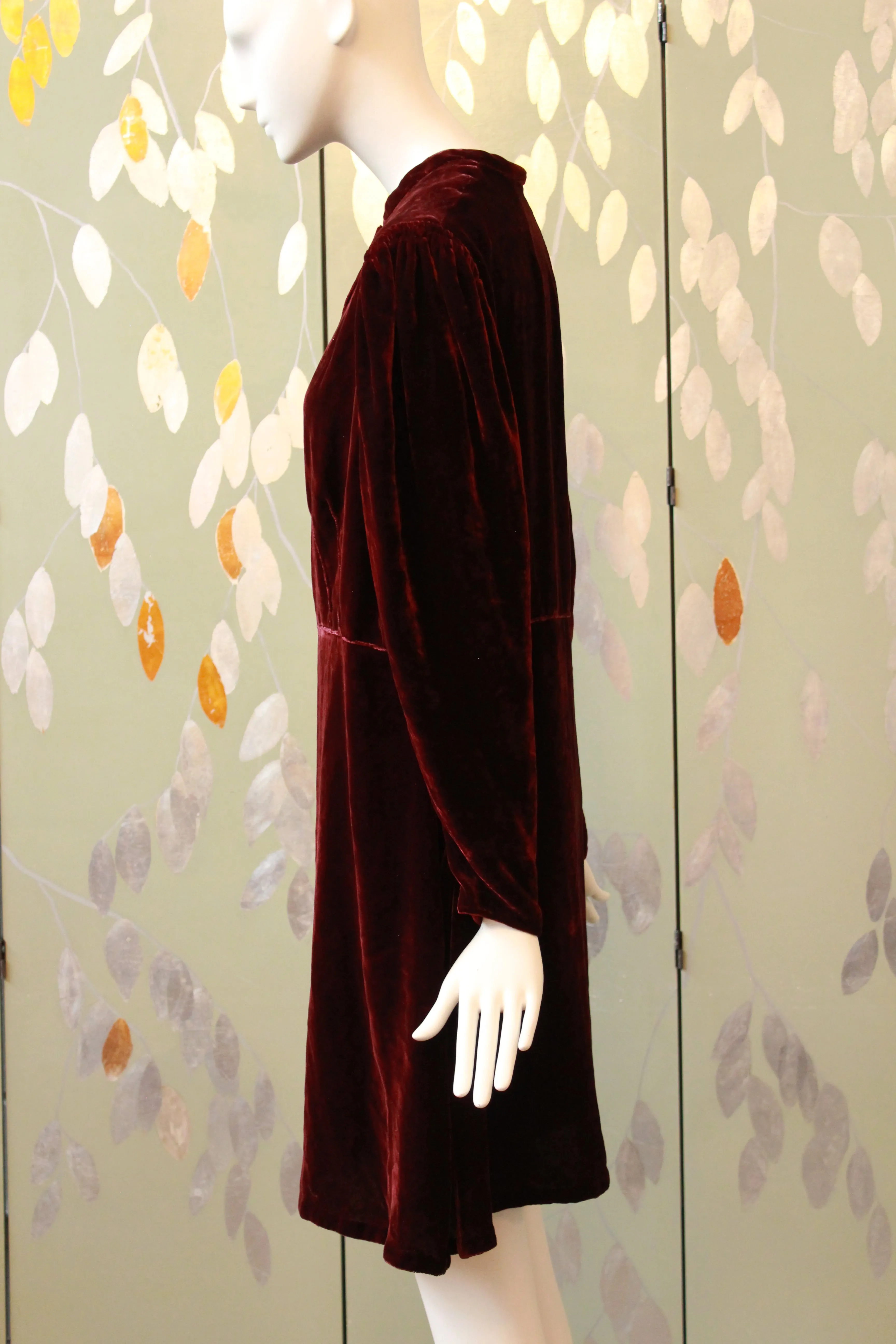 Vintage Late 1930s / Early 1940s Deep Red Maroon Velvet Dress, L-XL