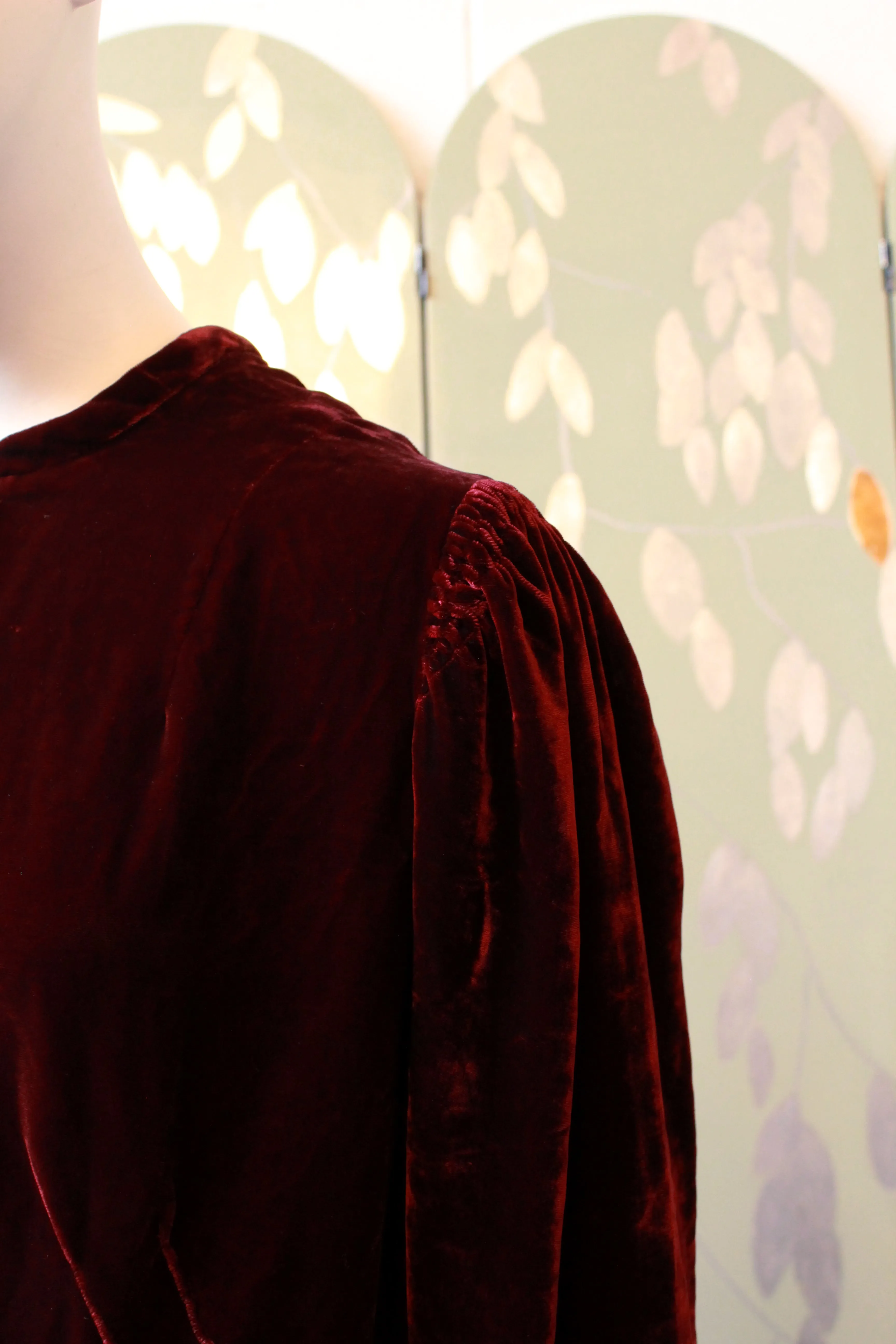 Vintage Late 1930s / Early 1940s Deep Red Maroon Velvet Dress, L-XL