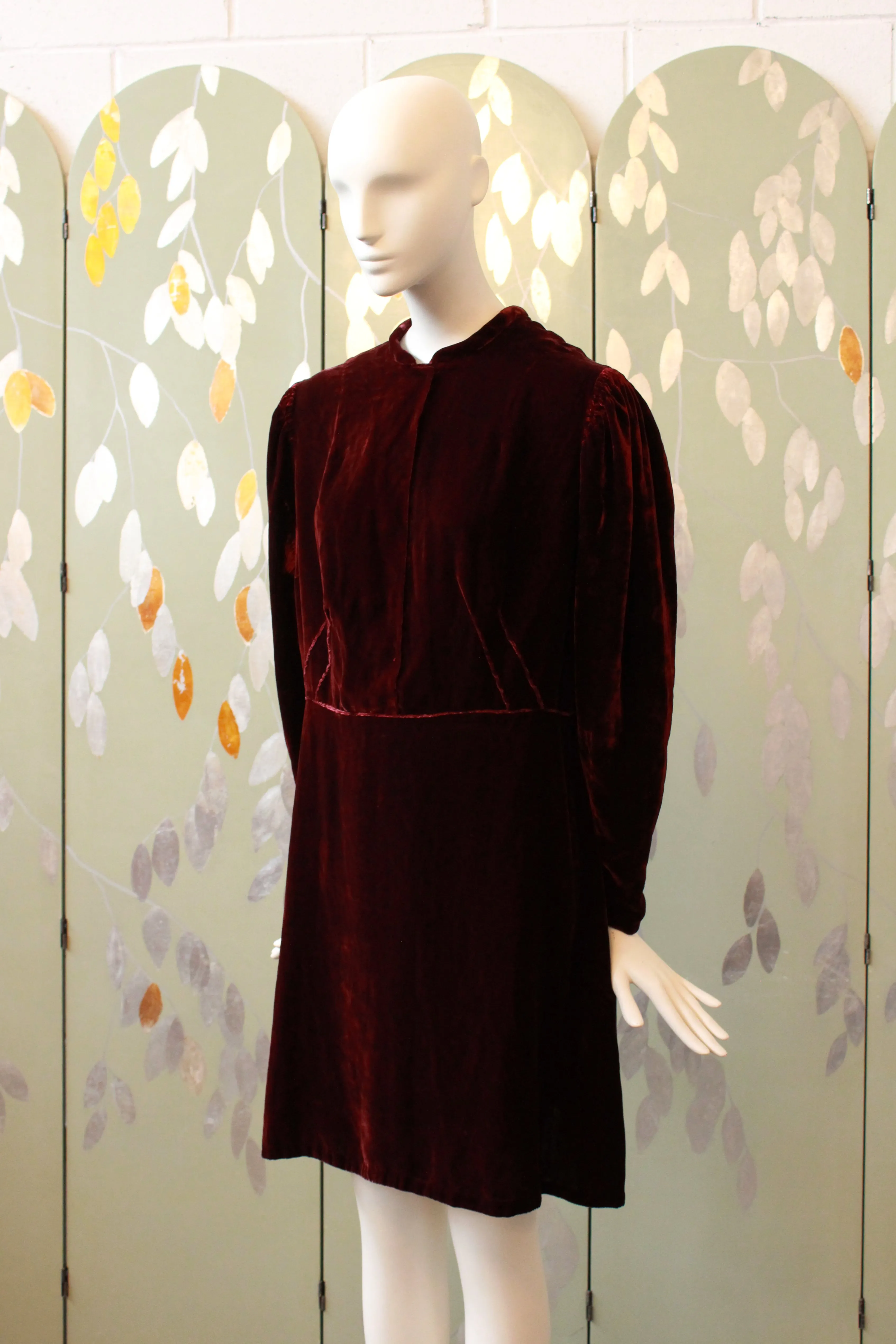 Vintage Late 1930s / Early 1940s Deep Red Maroon Velvet Dress, L-XL