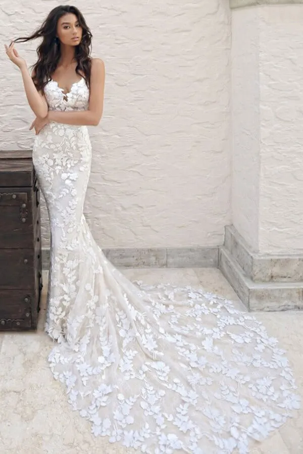 Vintage Mermaid Spaghetti Straps Lace Boho Wedding Dress With Appliques, SW245