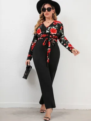 Vintage Retro Side Wrap Tie Floral Print V-Neck Jumpsuit