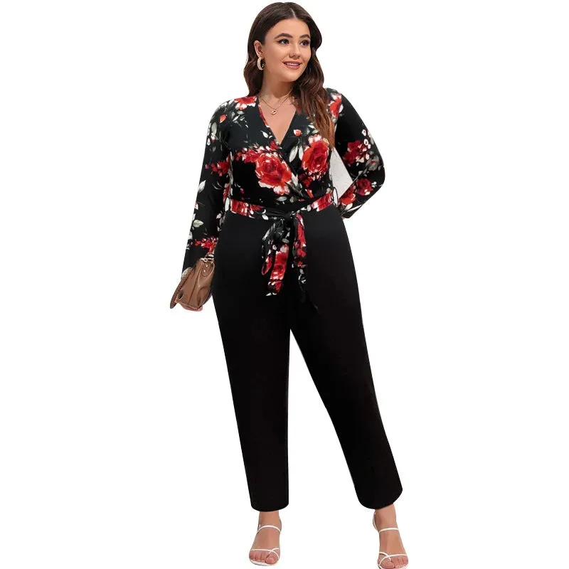 Vintage Retro Side Wrap Tie Floral Print V-Neck Jumpsuit