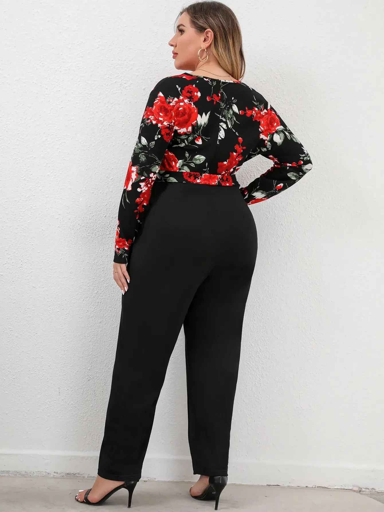 Vintage Retro Side Wrap Tie Floral Print V-Neck Jumpsuit
