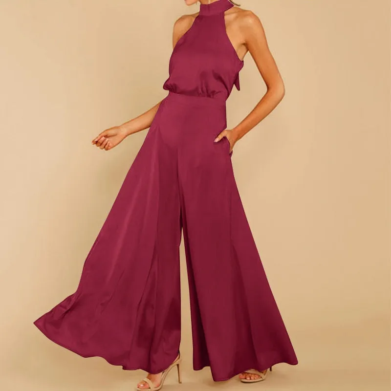 Vintage Satin Sleeveless With Pockets Jumpsuit