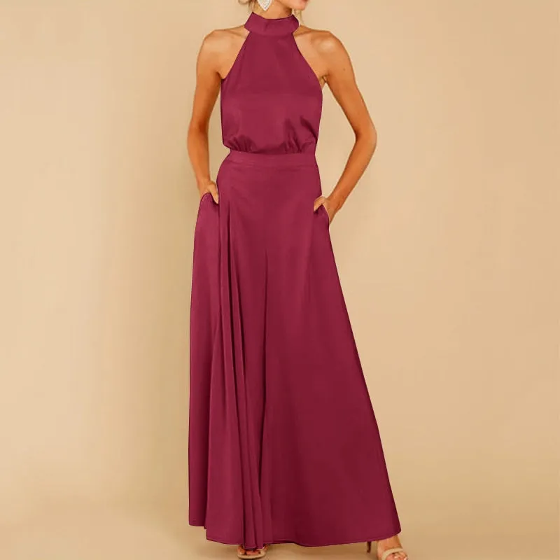 Vintage Satin Sleeveless With Pockets Jumpsuit