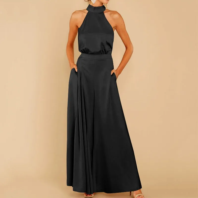 Vintage Satin Sleeveless With Pockets Jumpsuit