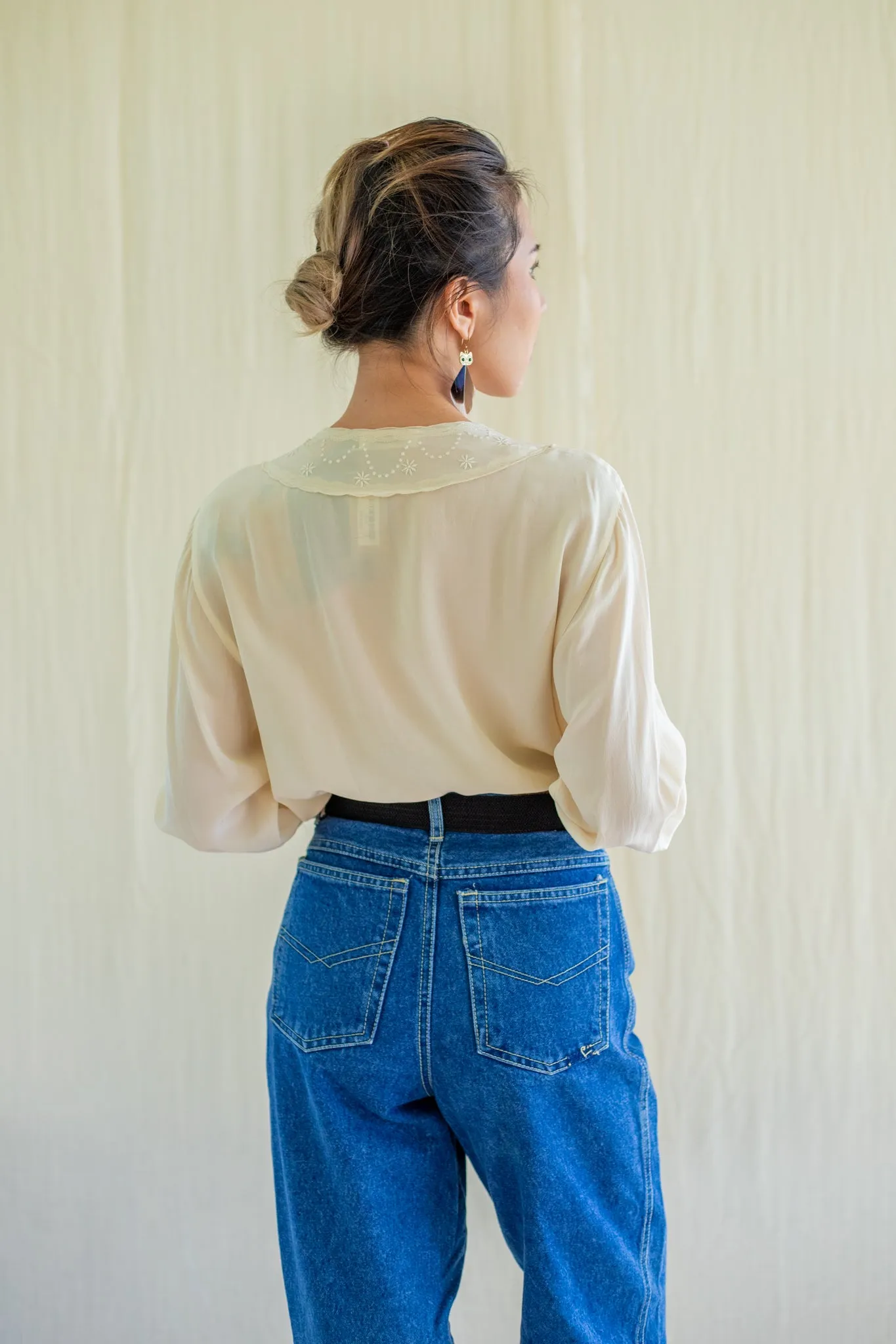 Vintage Silk V-neckline Floral Embroidered Blouse