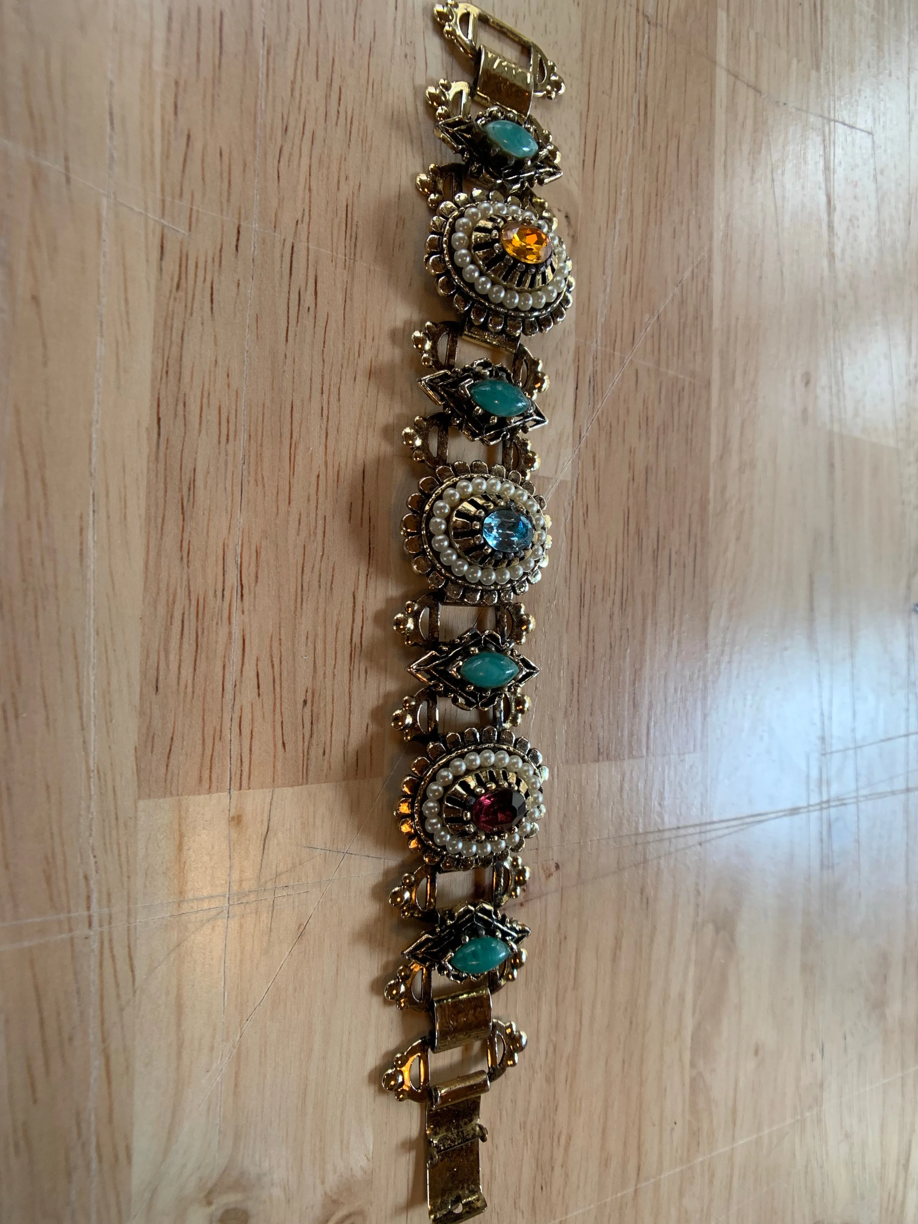 Vintage Victorian Style Gold & Jeweled Cocktail Bracelet