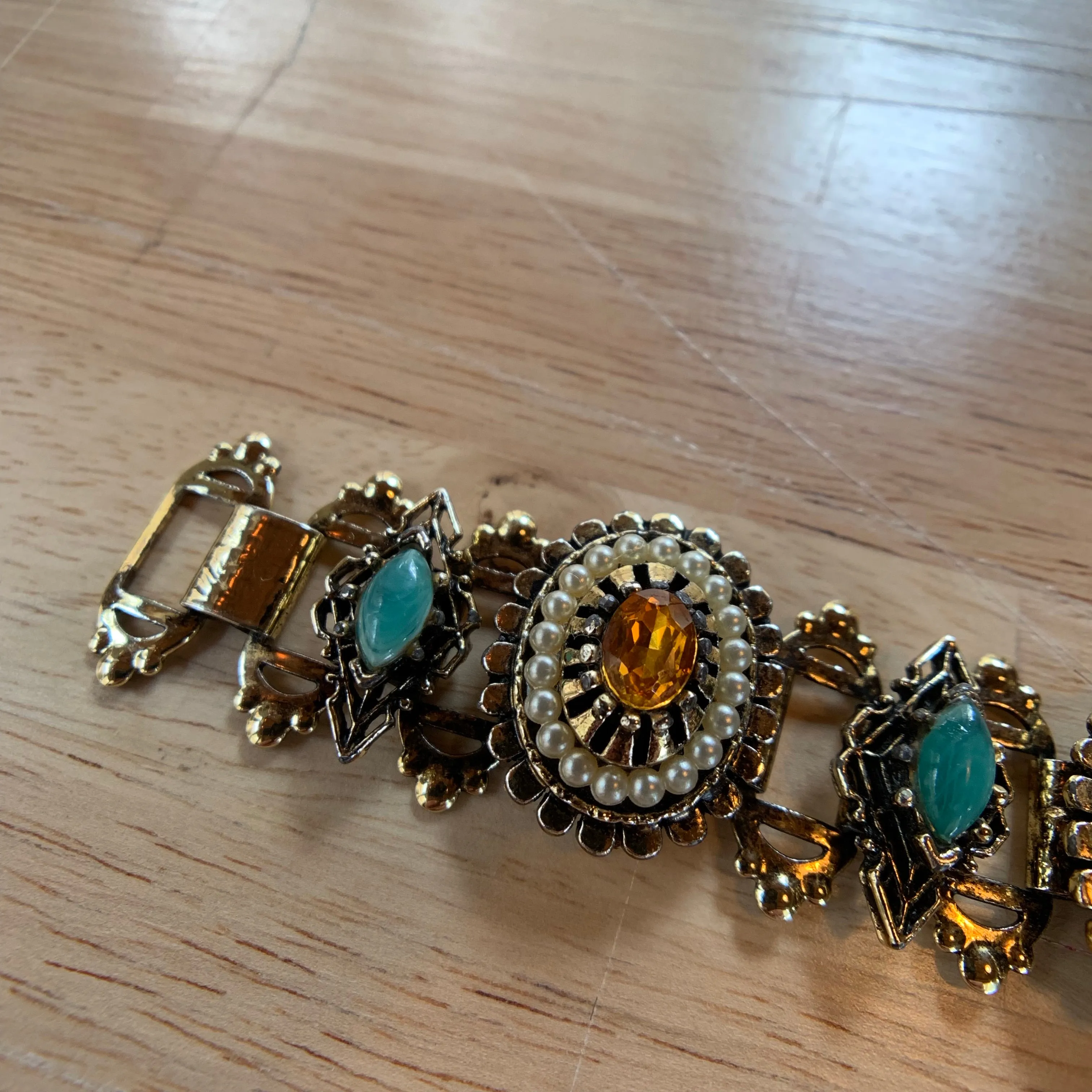 Vintage Victorian Style Gold & Jeweled Cocktail Bracelet