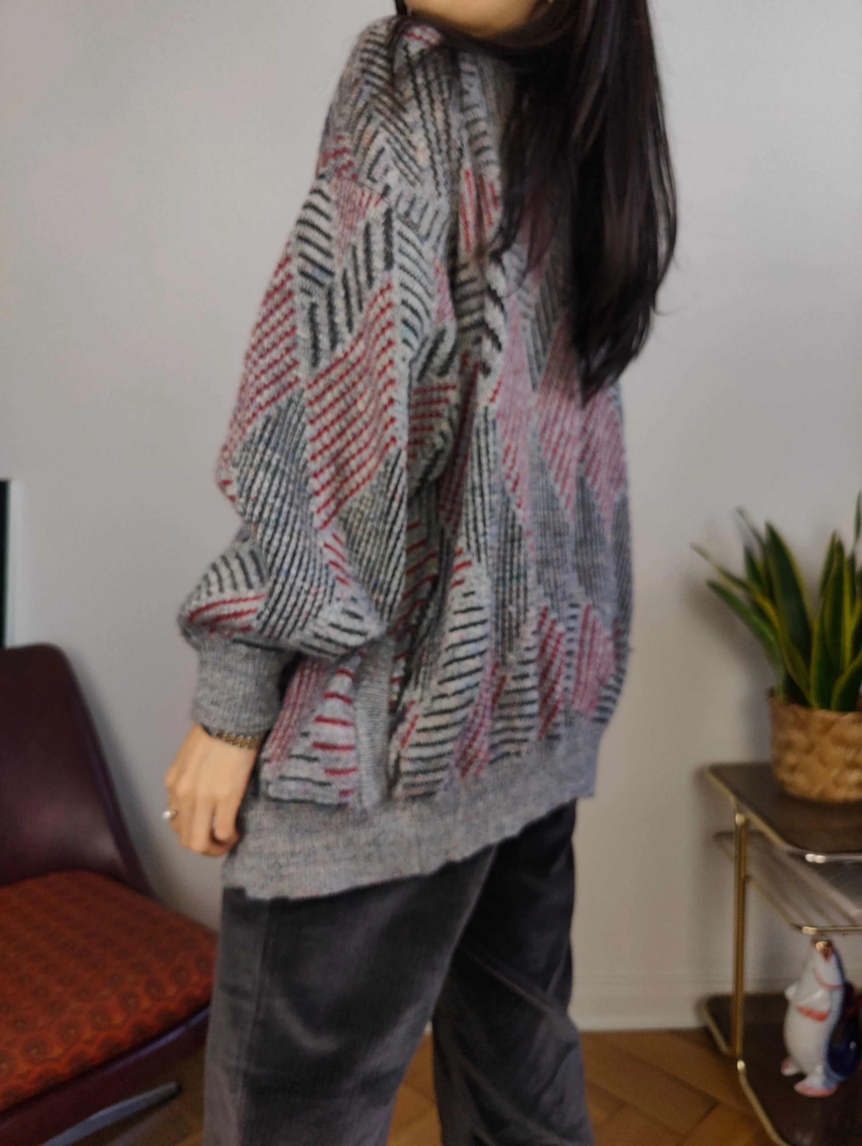 Vintage wool cardigan M L | Guy Laroche grey knit knitted sweater pattern women unisex men