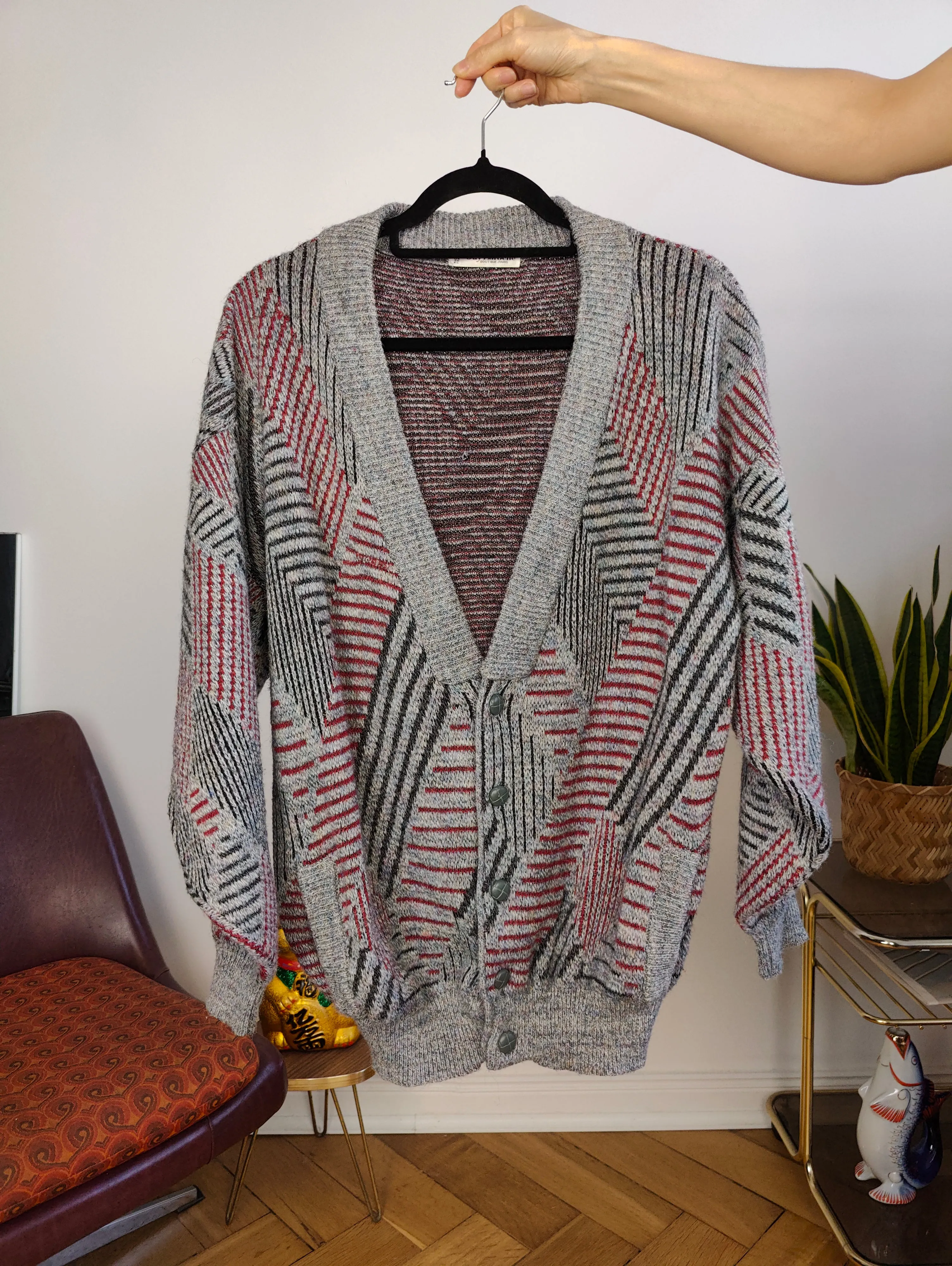 Vintage wool cardigan M L | Guy Laroche grey knit knitted sweater pattern women unisex men