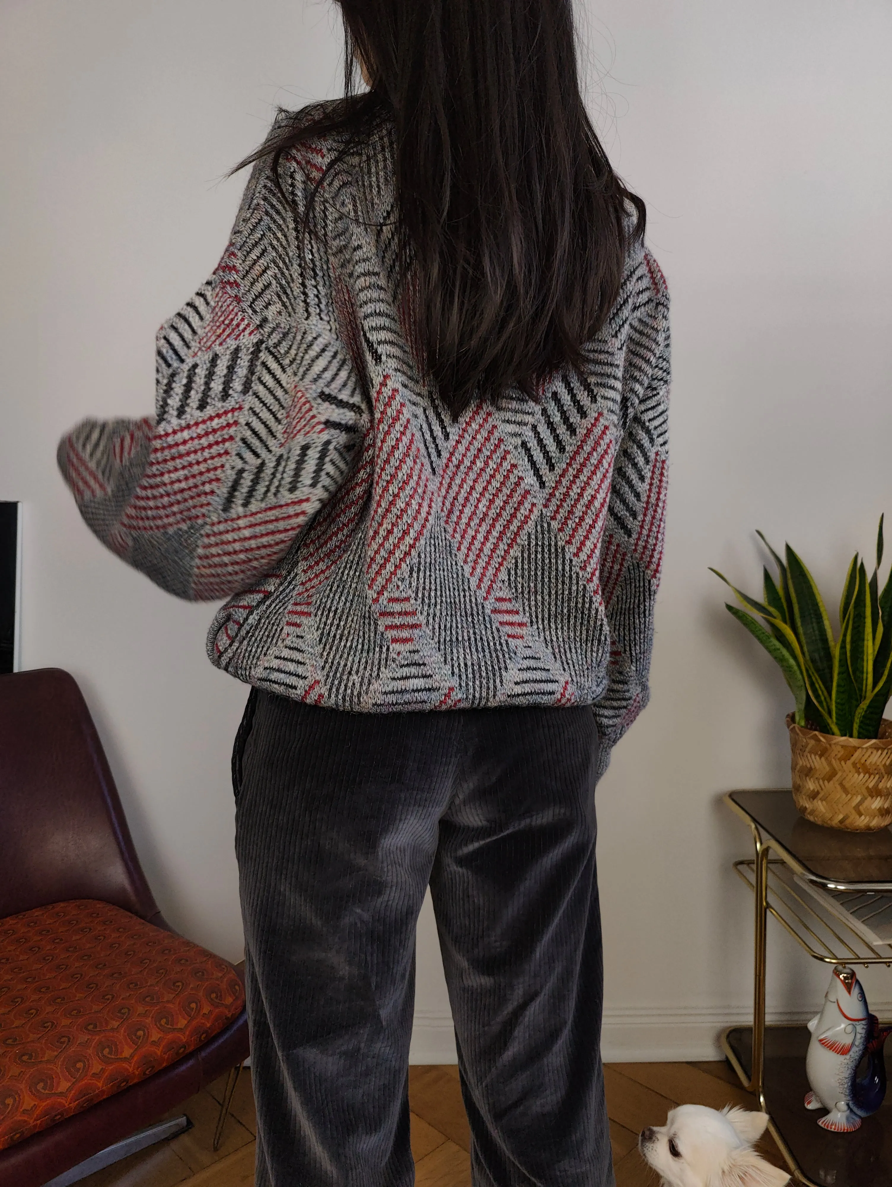 Vintage wool cardigan M L | Guy Laroche grey knit knitted sweater pattern women unisex men