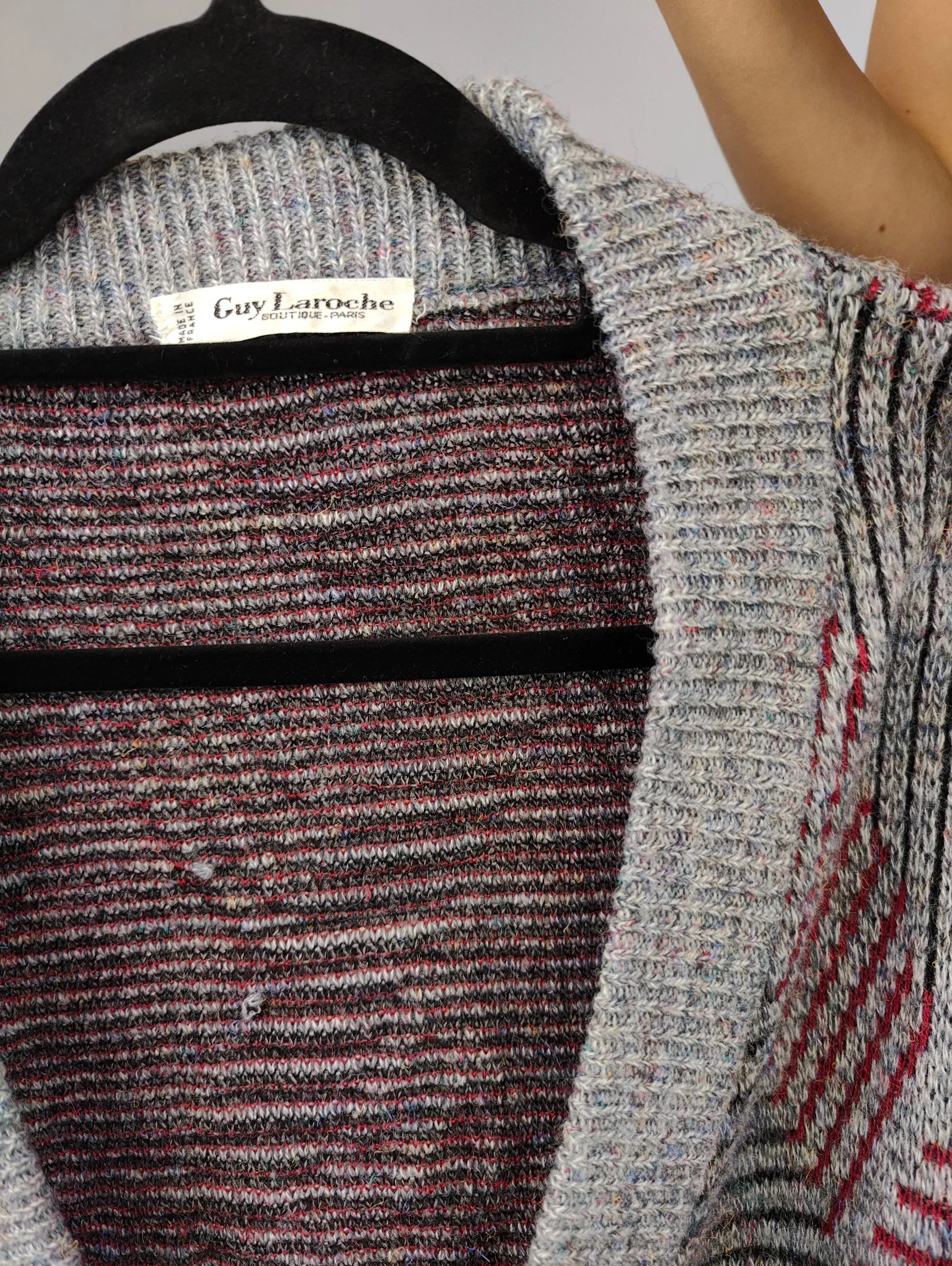 Vintage wool cardigan M L | Guy Laroche grey knit knitted sweater pattern women unisex men
