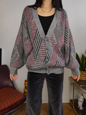 Vintage wool cardigan M L | Guy Laroche grey knit knitted sweater pattern women unisex men