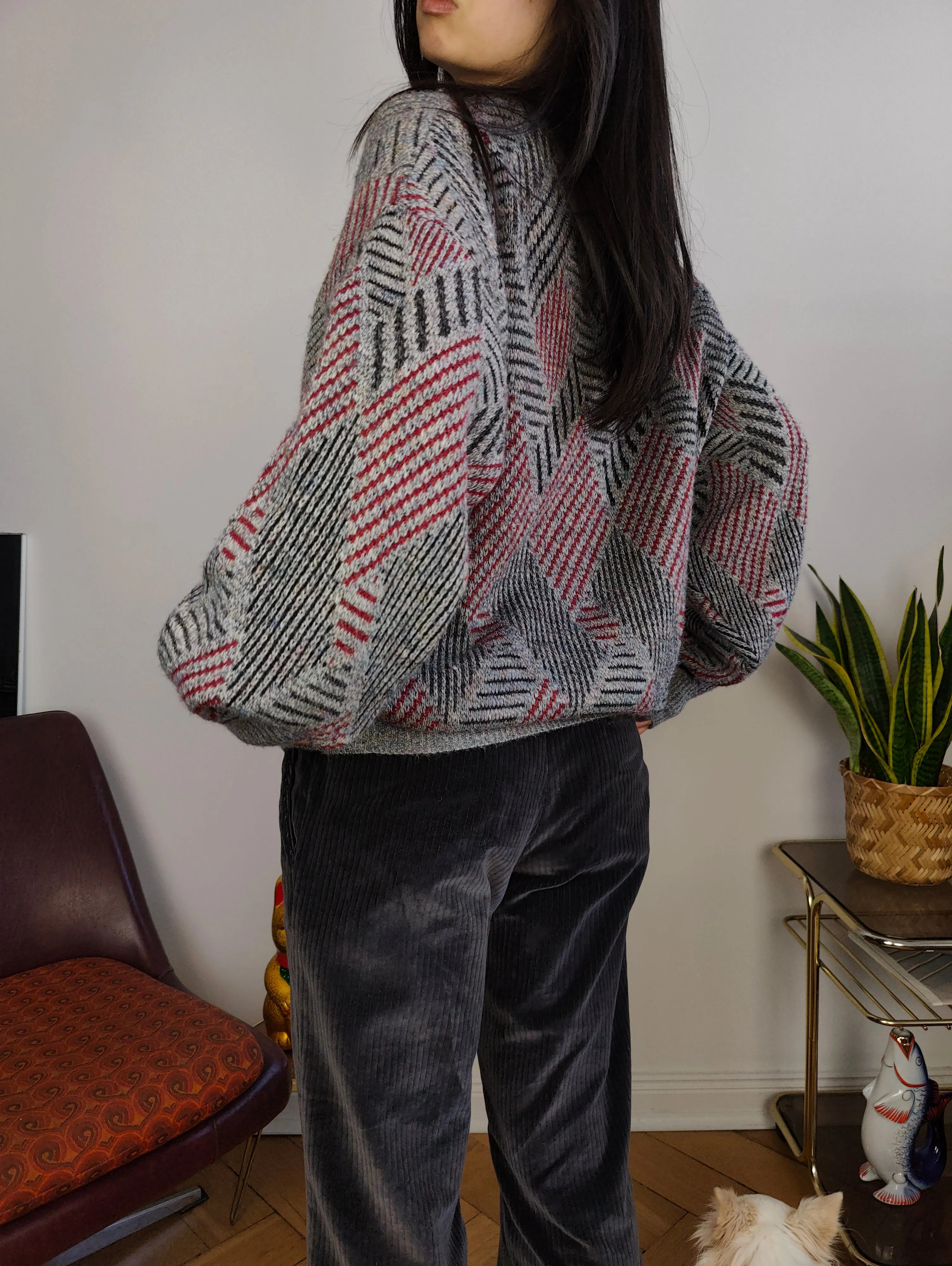 Vintage wool cardigan M L | Guy Laroche grey knit knitted sweater pattern women unisex men