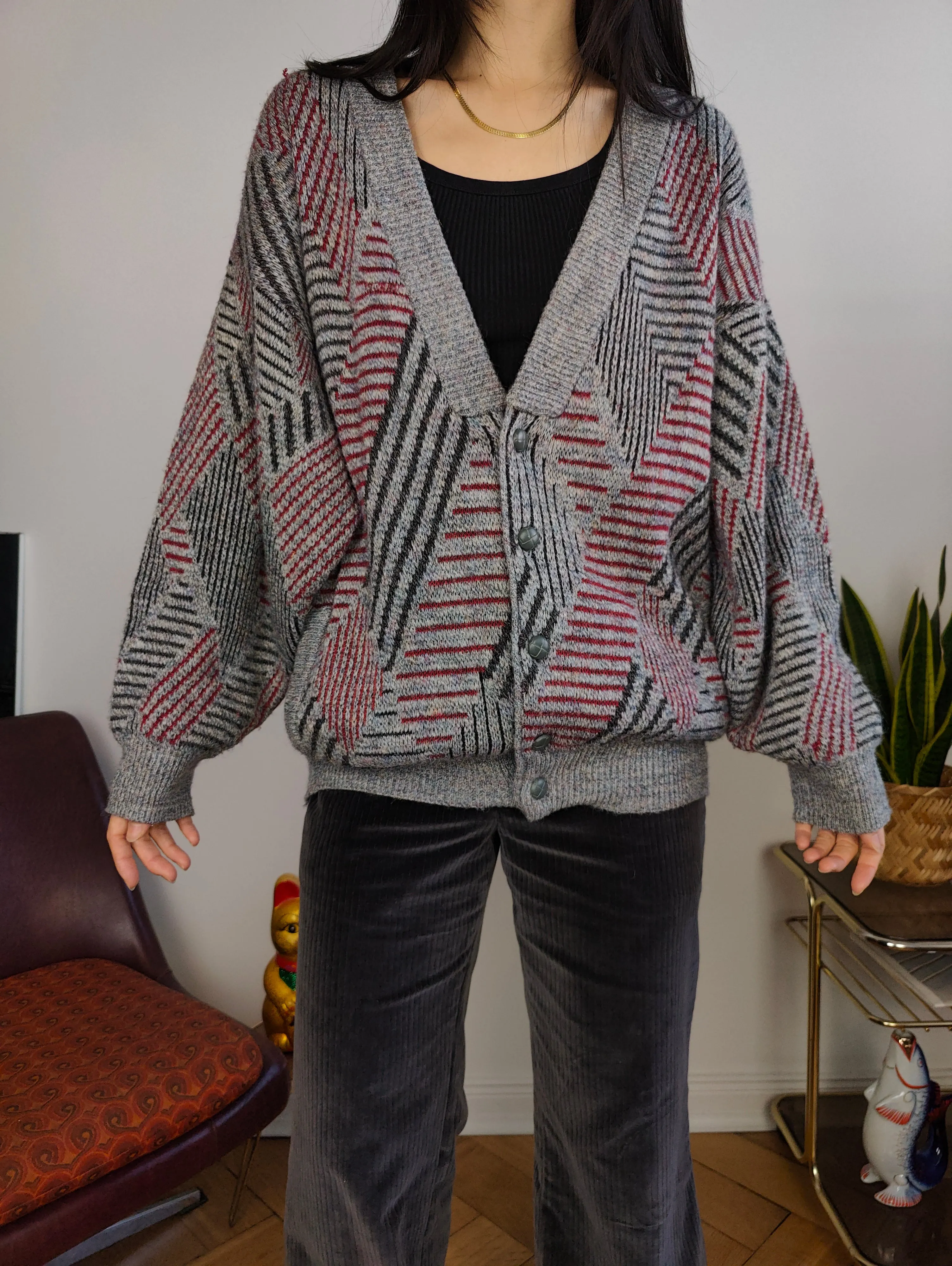 Vintage wool cardigan M L | Guy Laroche grey knit knitted sweater pattern women unisex men