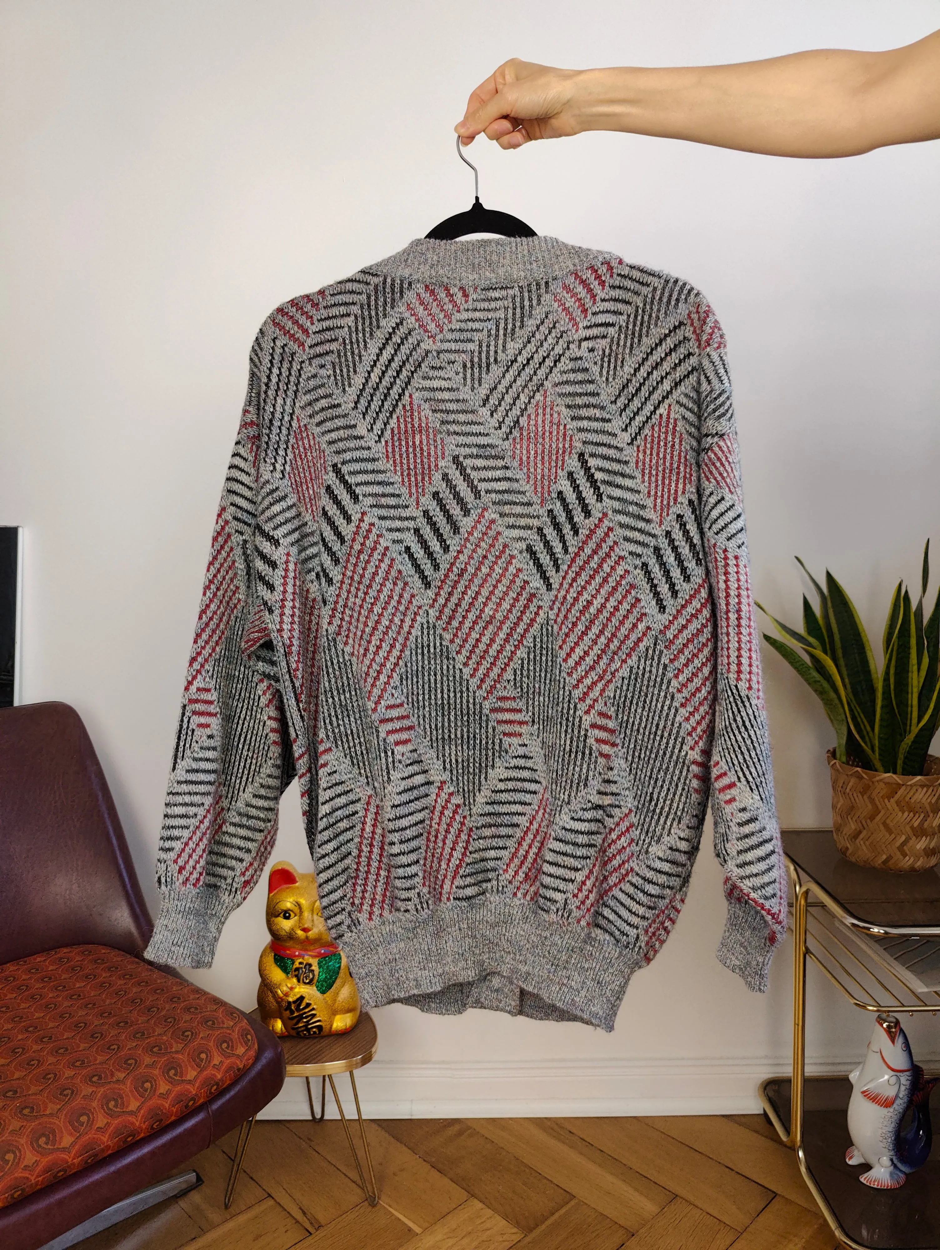 Vintage wool cardigan M L | Guy Laroche grey knit knitted sweater pattern women unisex men