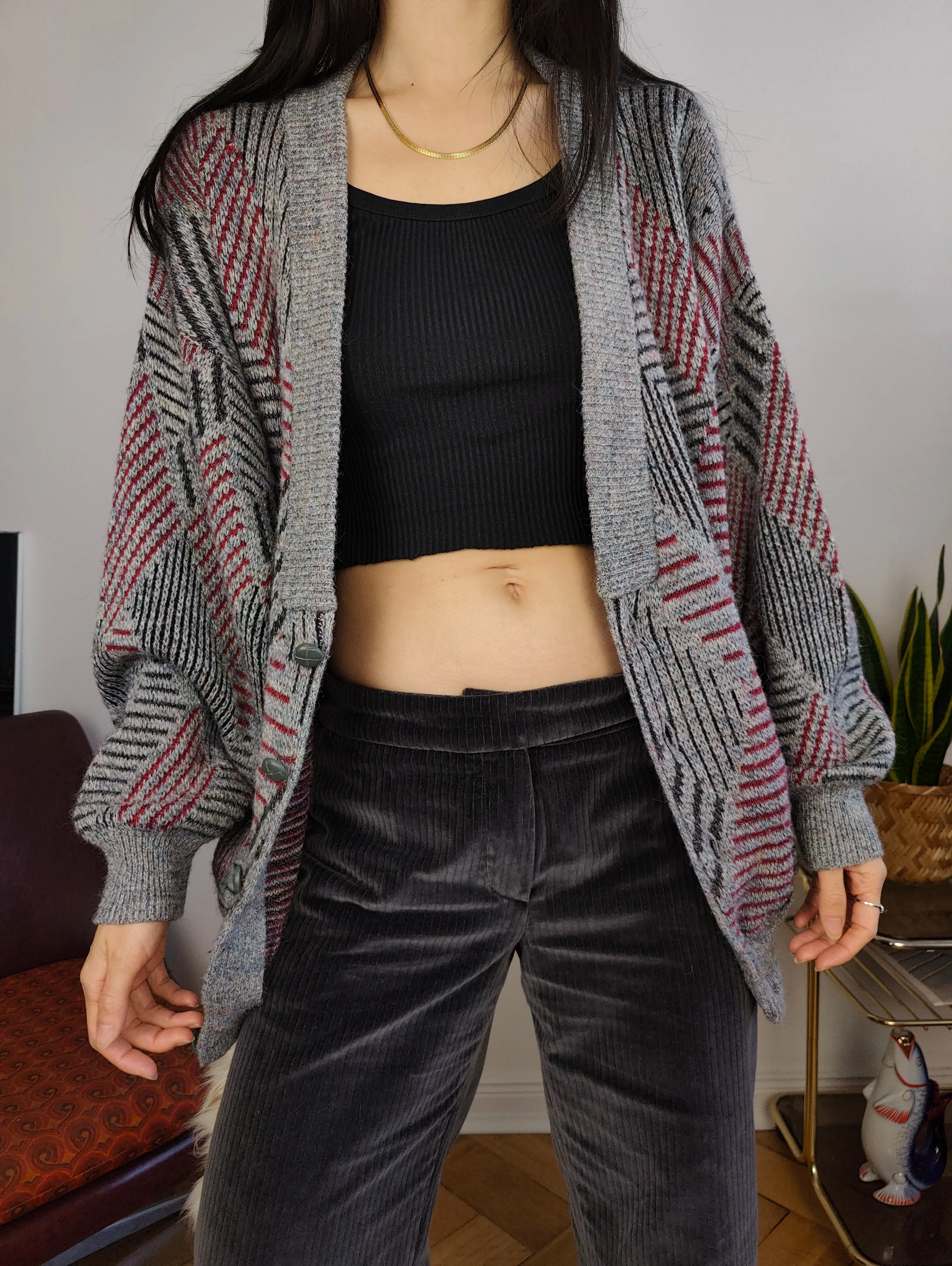 Vintage wool cardigan M L | Guy Laroche grey knit knitted sweater pattern women unisex men