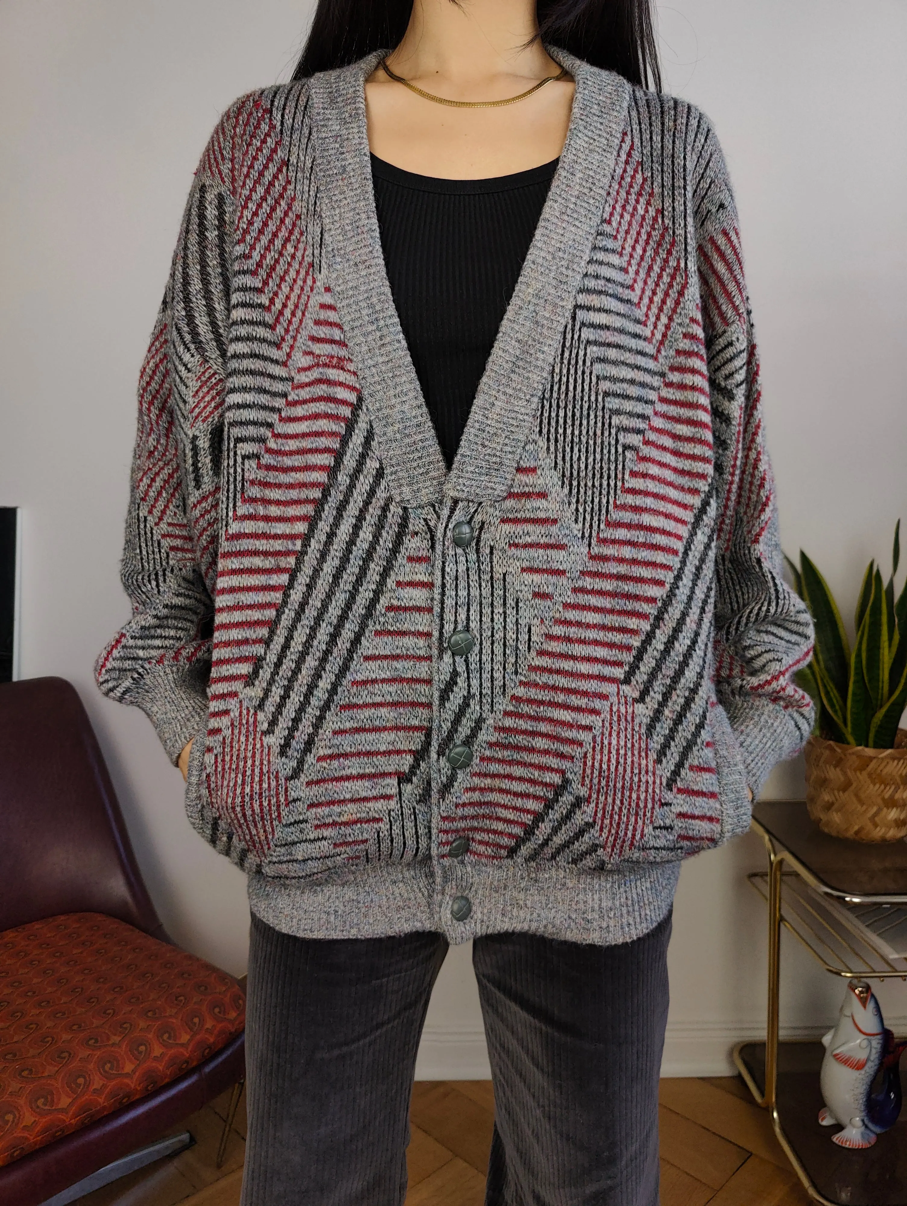 Vintage wool cardigan M L | Guy Laroche grey knit knitted sweater pattern women unisex men