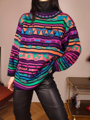 Vintage wool sweater M | pullover knit knitted jumper black colorful pattern