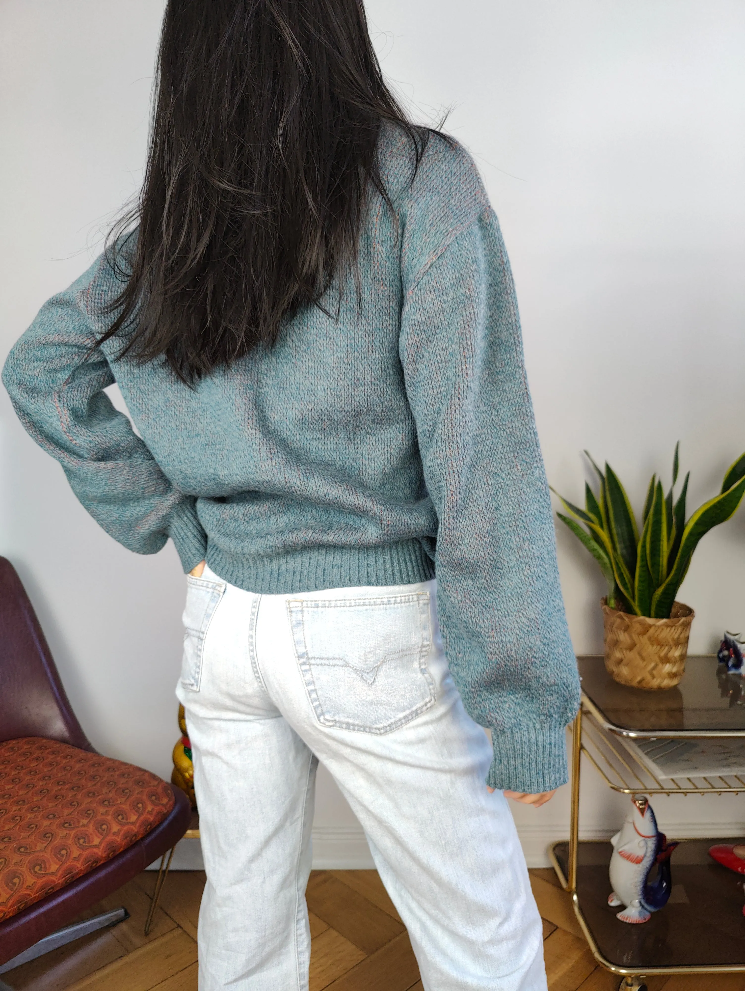 Vintage wool sweater S M | pullover knit knitted jumper blue orange geometric pattern Italy