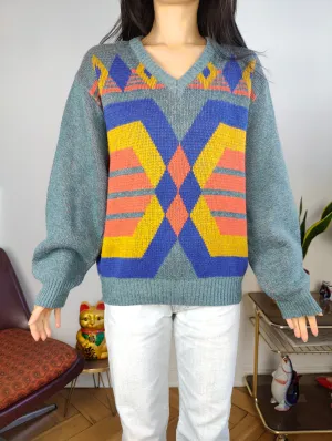 Vintage wool sweater S M | pullover knit knitted jumper blue orange geometric pattern Italy