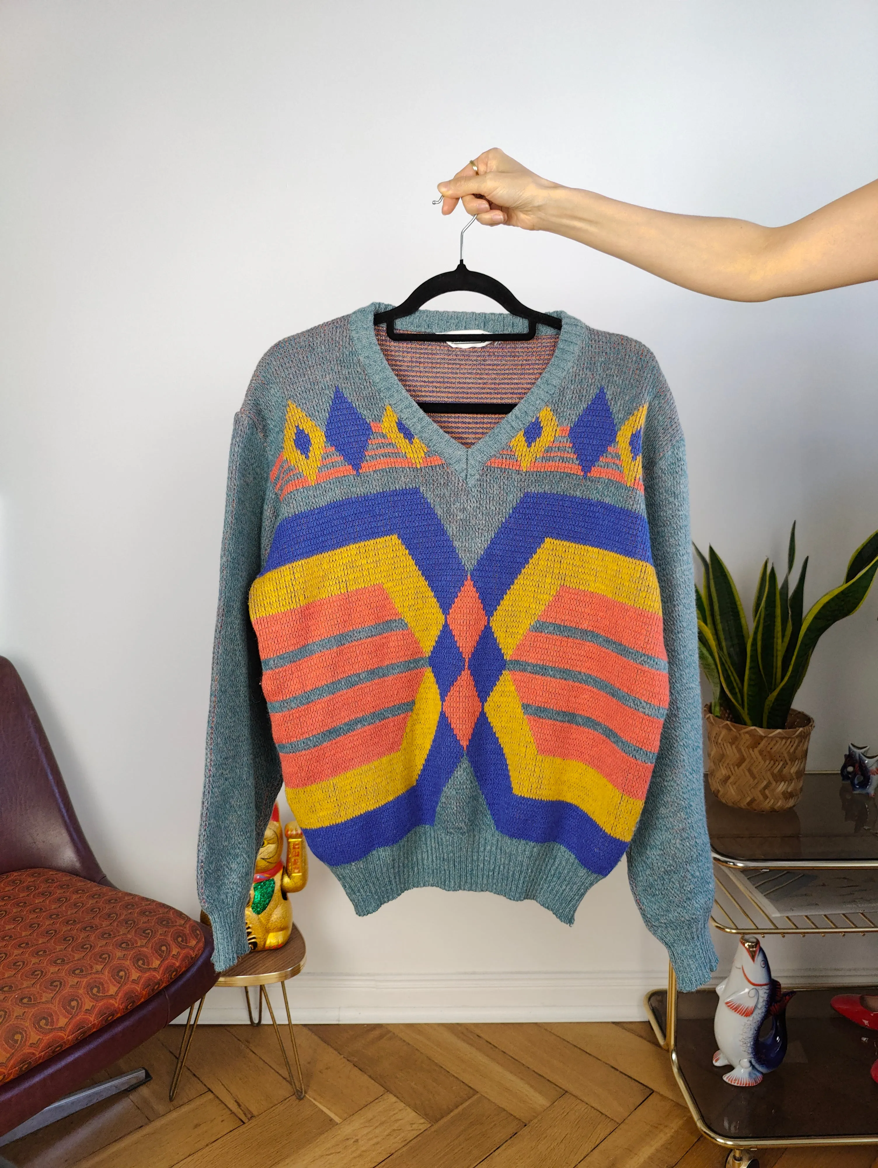 Vintage wool sweater S M | pullover knit knitted jumper blue orange geometric pattern Italy