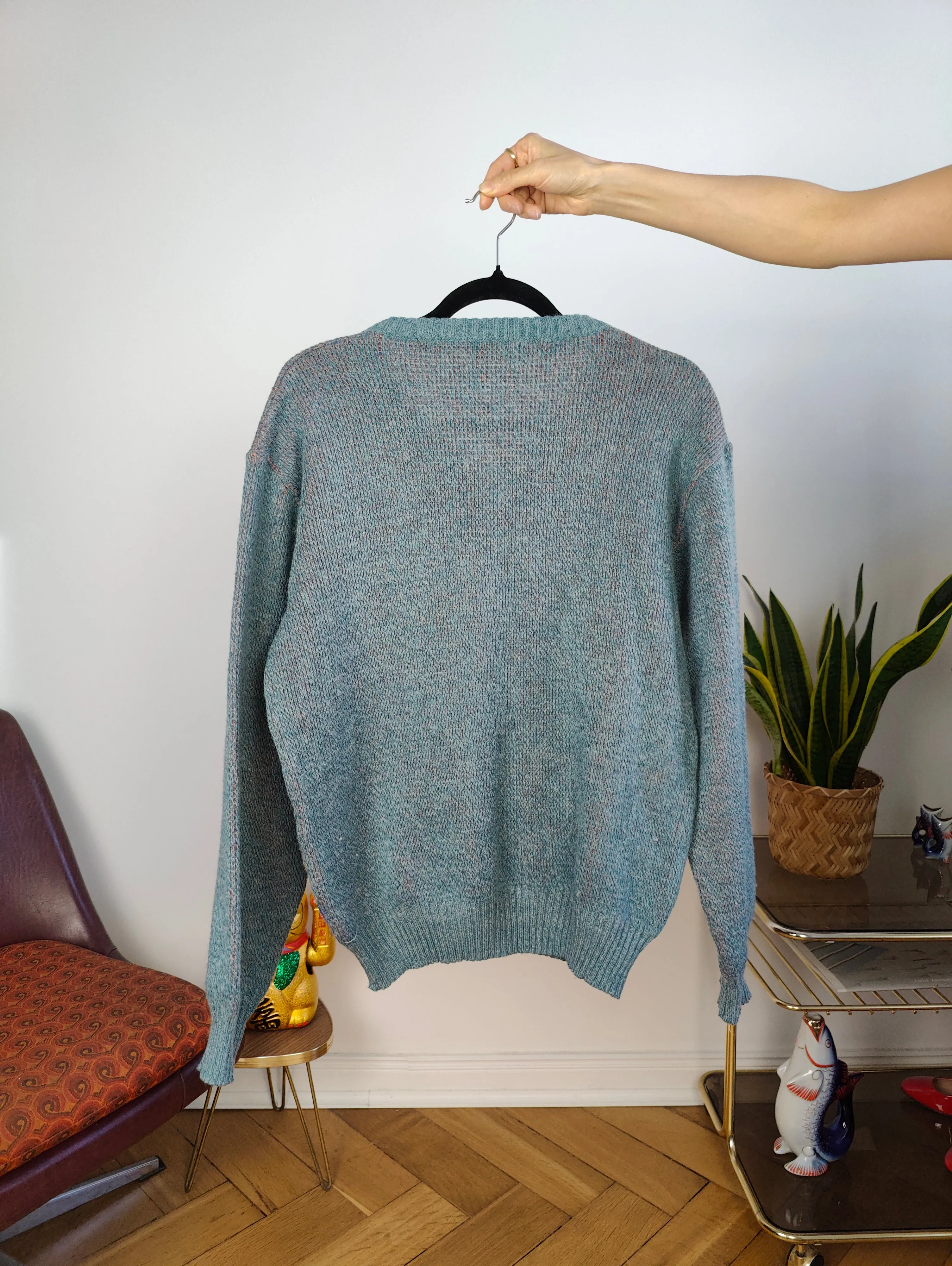 Vintage wool sweater S M | pullover knit knitted jumper blue orange geometric pattern Italy