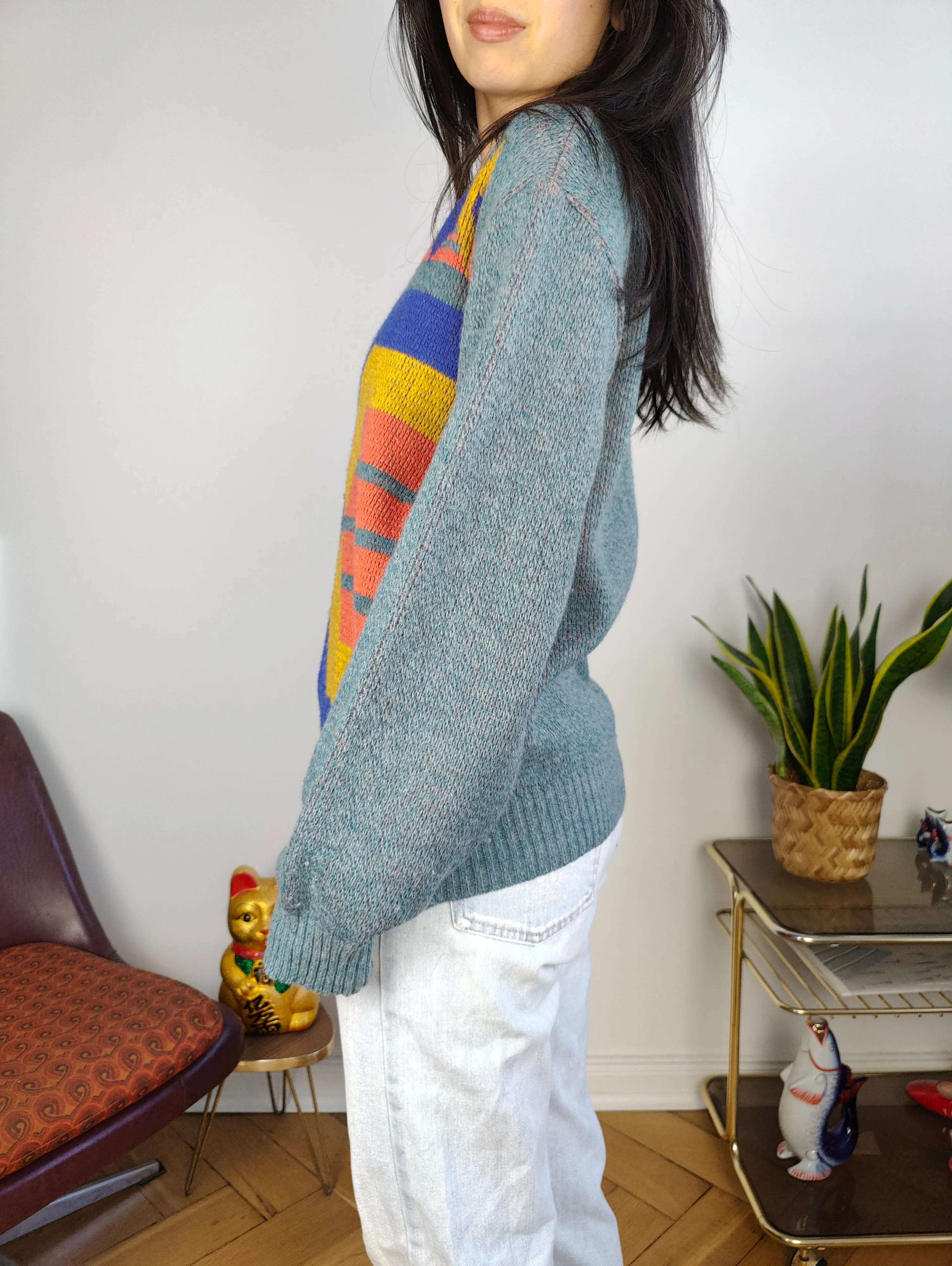 Vintage wool sweater S M | pullover knit knitted jumper blue orange geometric pattern Italy