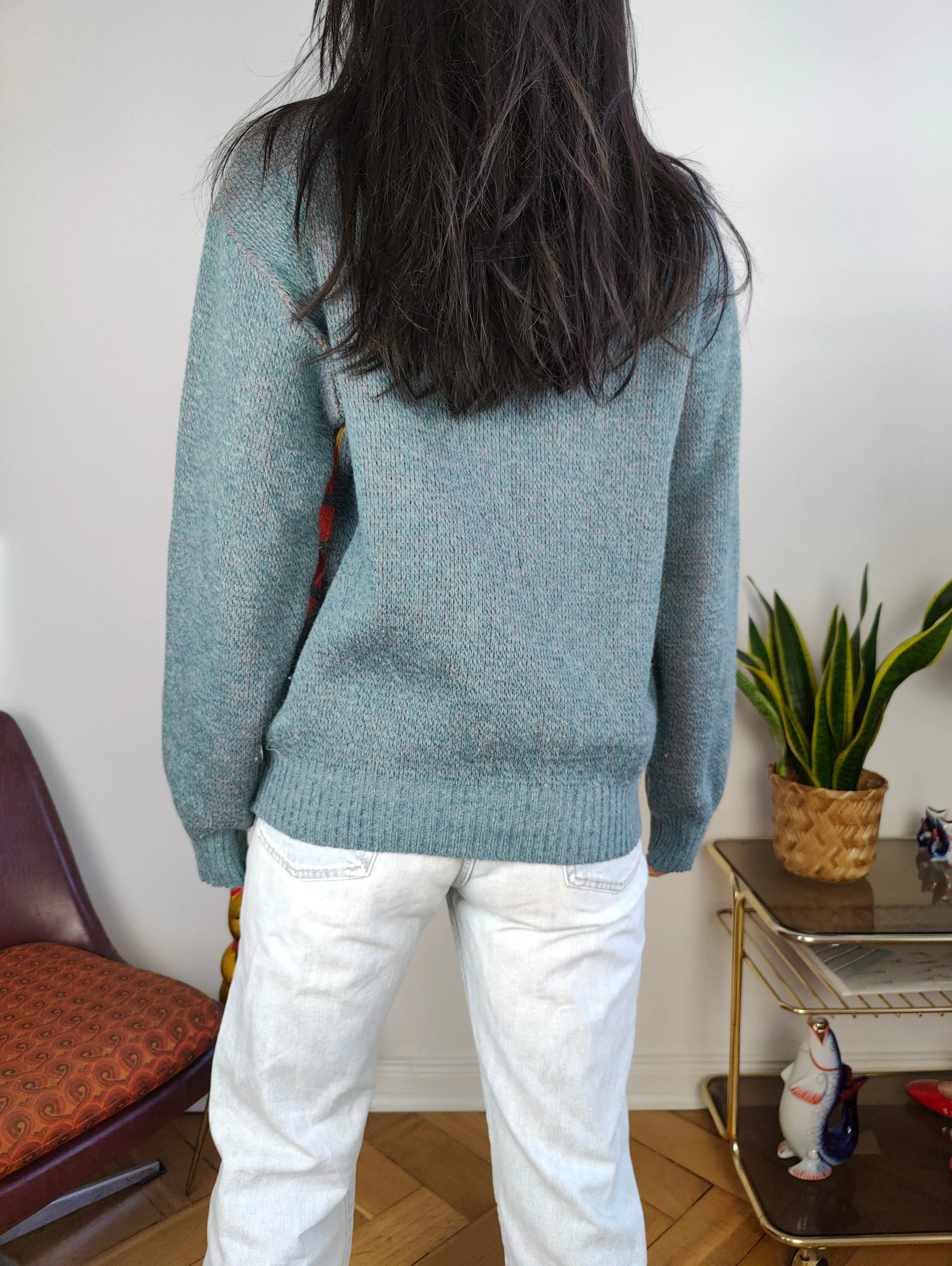 Vintage wool sweater S M | pullover knit knitted jumper blue orange geometric pattern Italy