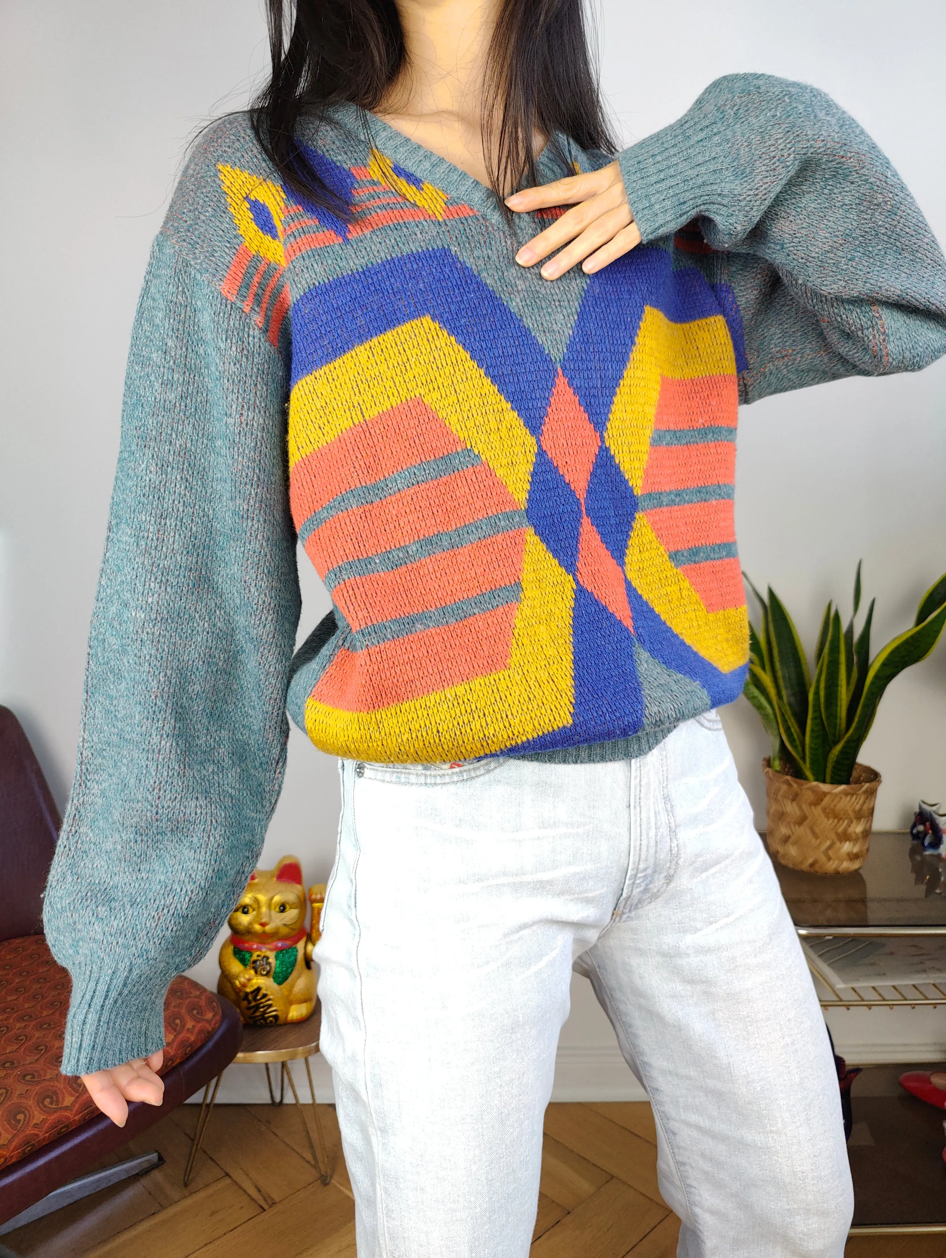 Vintage wool sweater S M | pullover knit knitted jumper blue orange geometric pattern Italy
