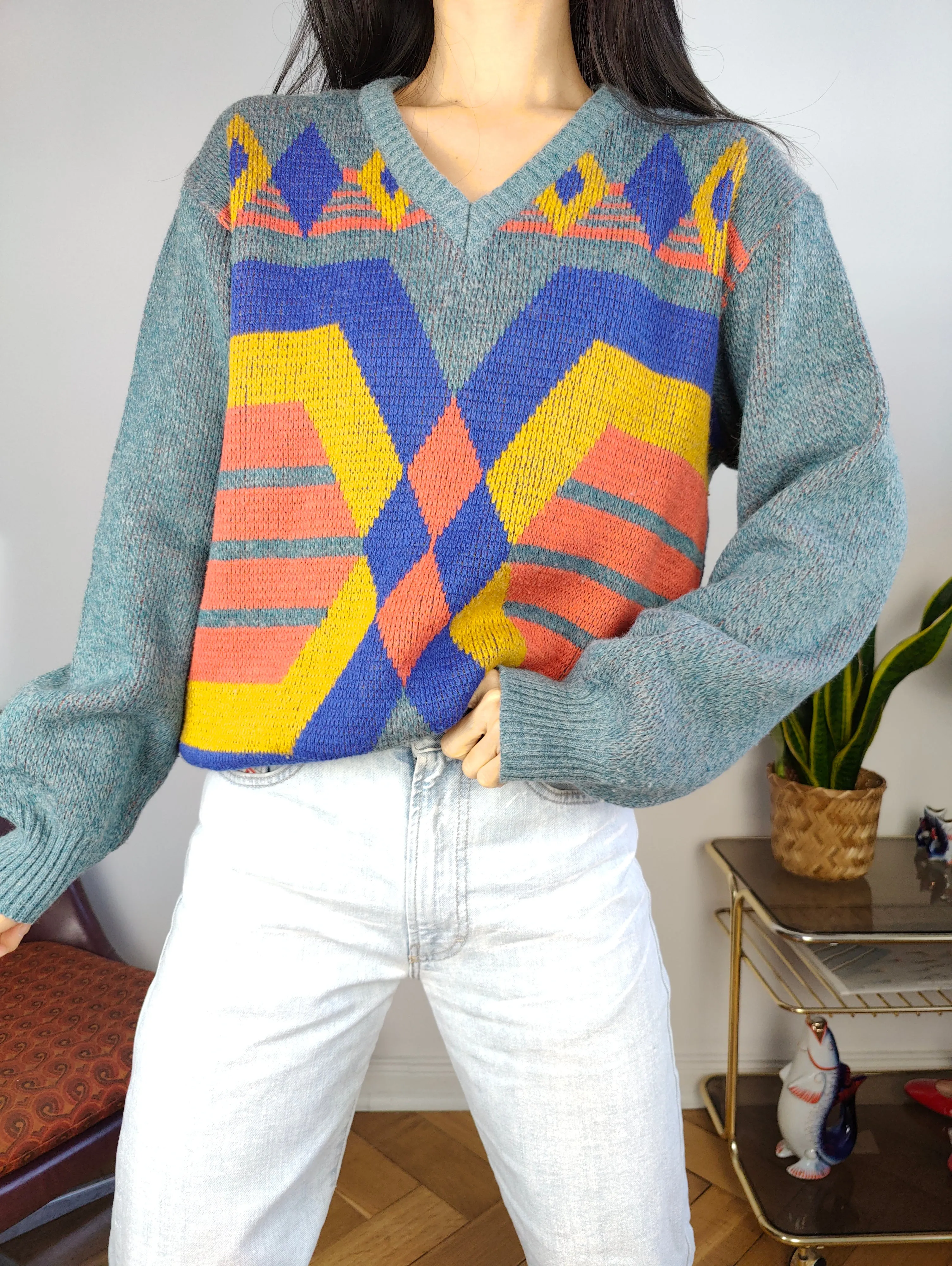 Vintage wool sweater S M | pullover knit knitted jumper blue orange geometric pattern Italy