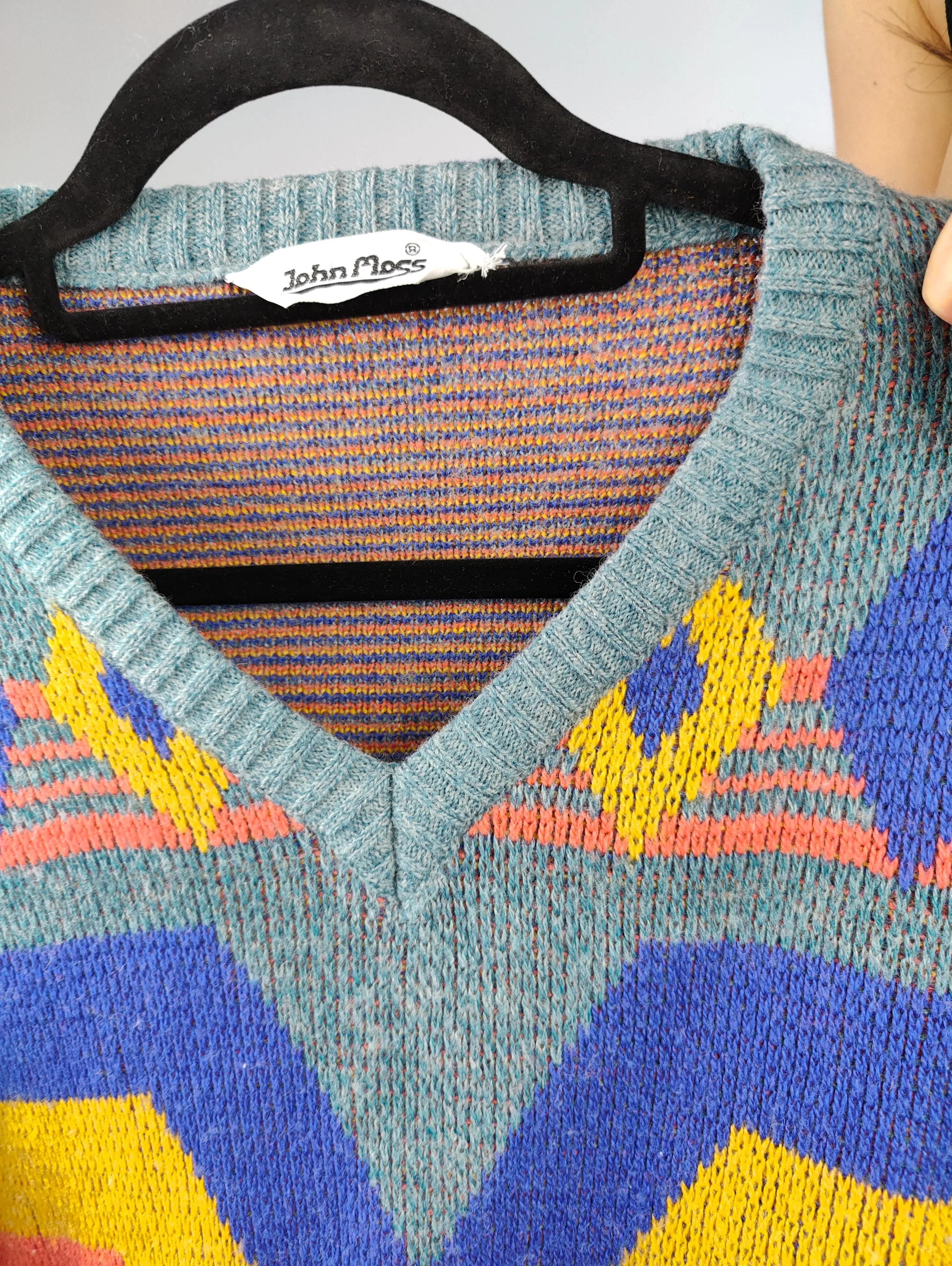 Vintage wool sweater S M | pullover knit knitted jumper blue orange geometric pattern Italy
