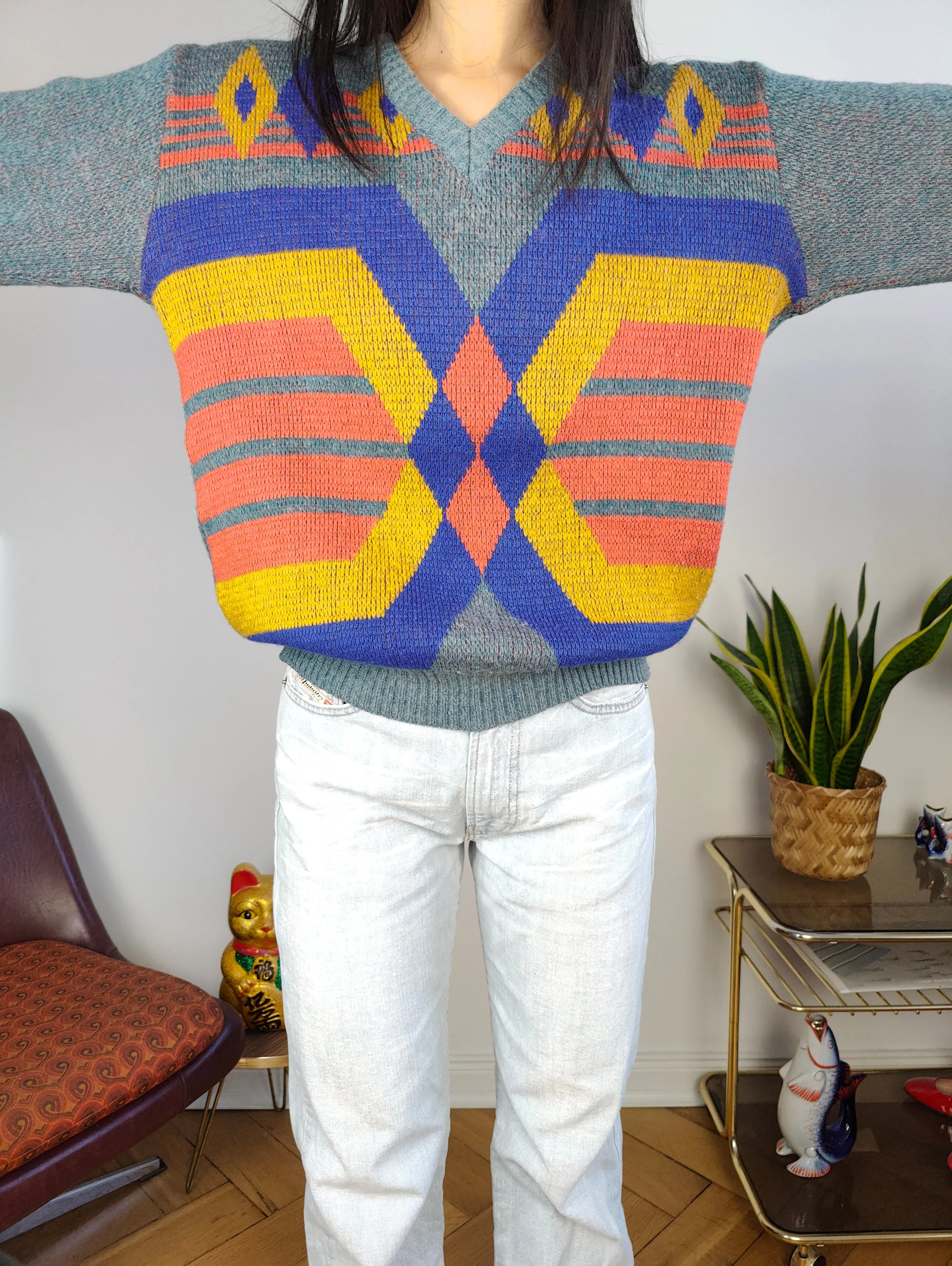Vintage wool sweater S M | pullover knit knitted jumper blue orange geometric pattern Italy