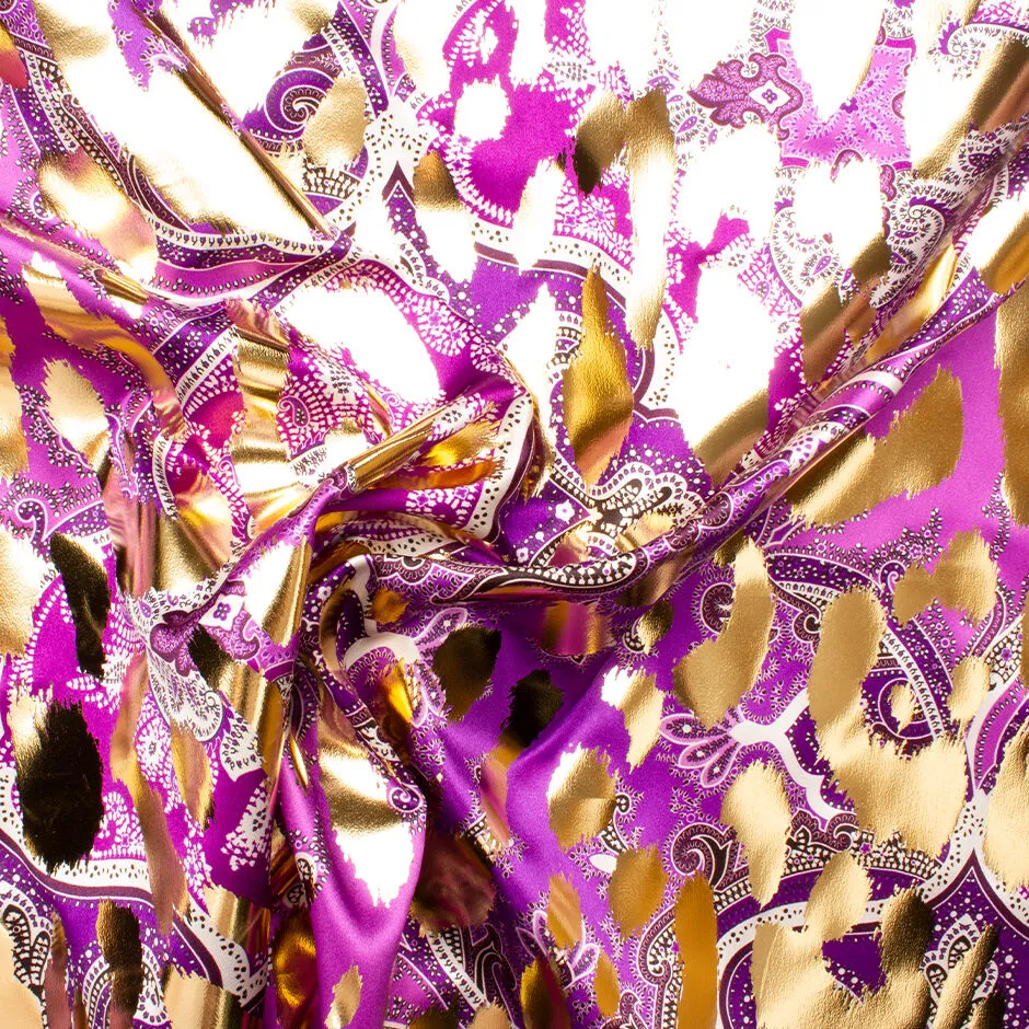 Violet Paisley Printed Laminated Silk