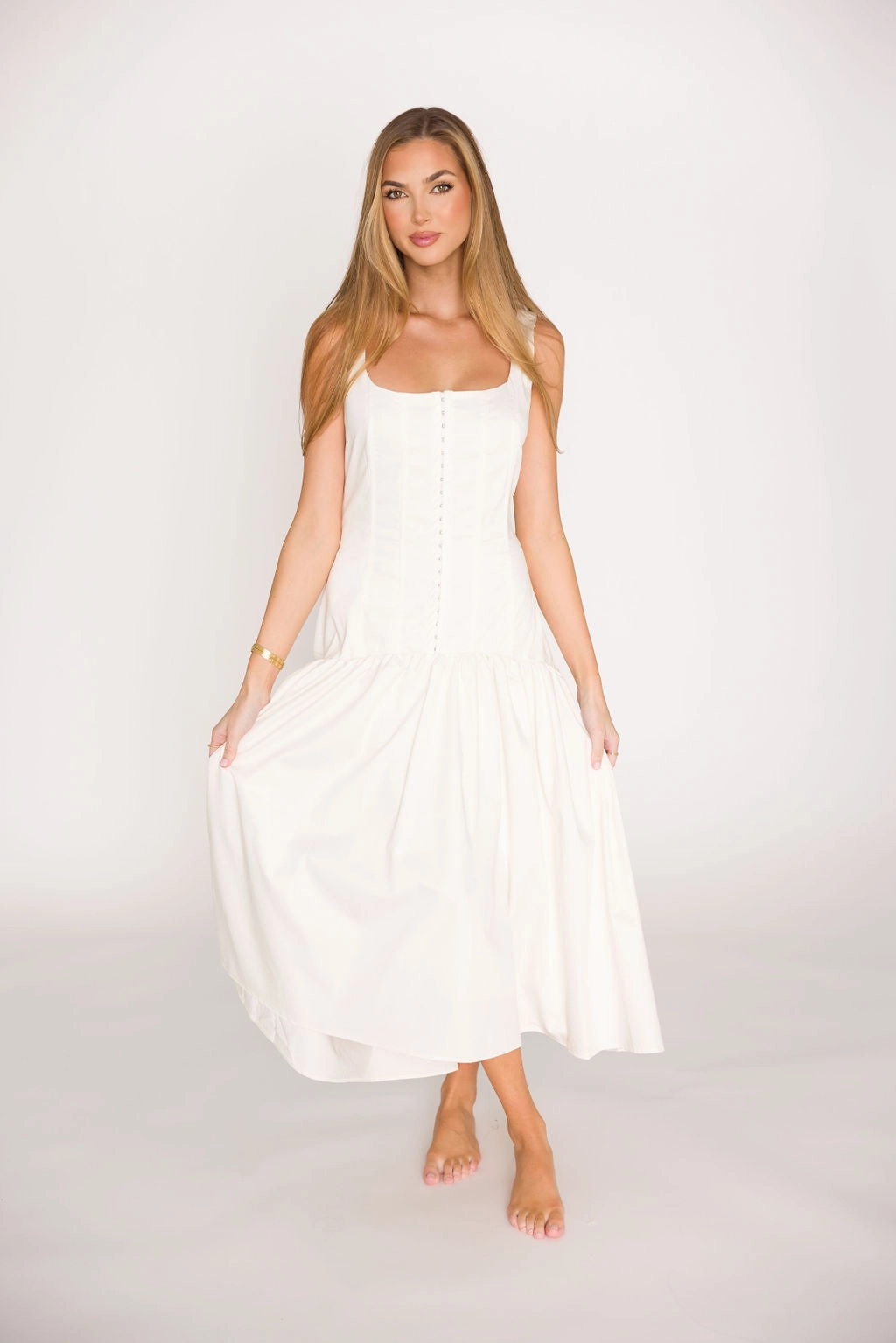 Violet Corset Style Drop Waist Midi Dress in Off-White *Final-Sale*