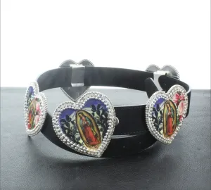 Virgin de Guadelupe Concho Icon Leather Belt, vintage images on 5 heart conchos with crystal, HandMade in USA