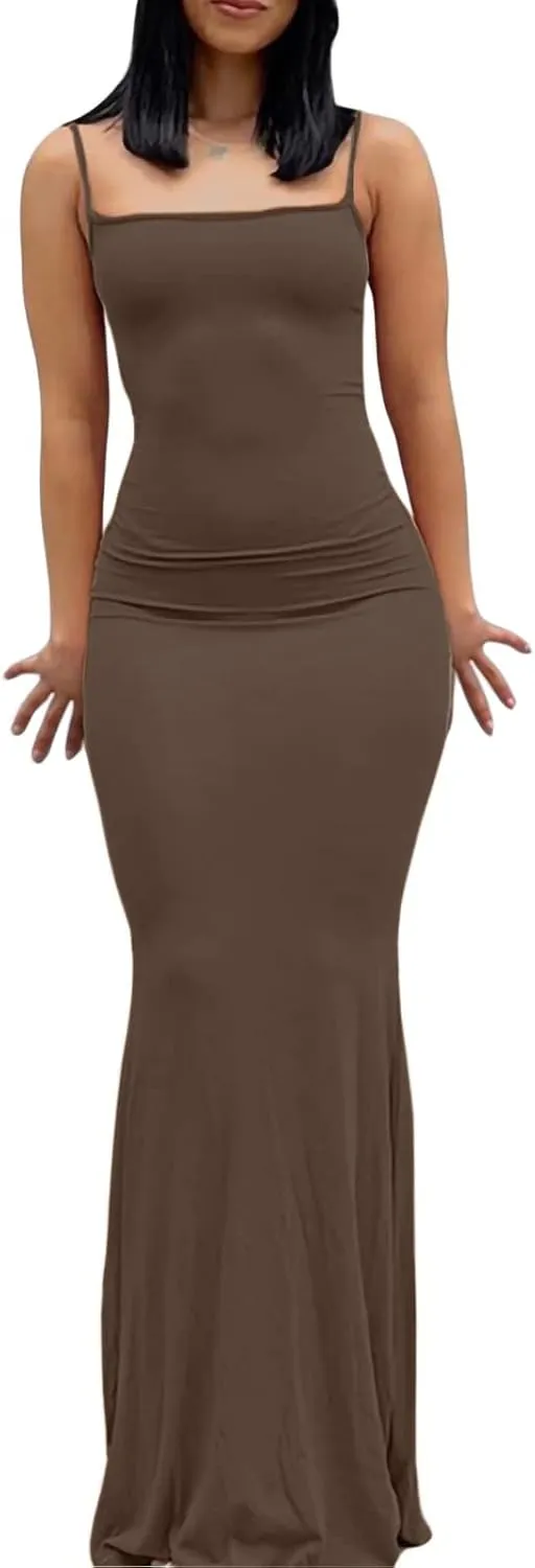 VIUTIL Women's Maxi Bodycon Dress Sexy Spaghetti Strap Sleeveless Tight Slip Long Dresses 2023