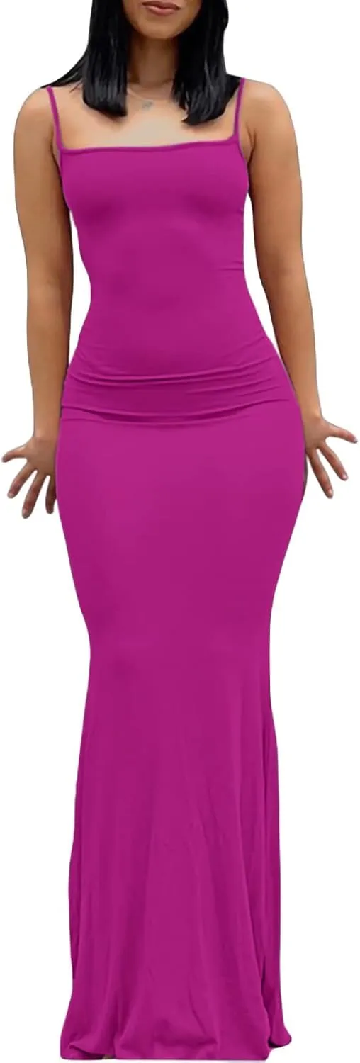 VIUTIL Women's Maxi Bodycon Dress Sexy Spaghetti Strap Sleeveless Tight Slip Long Dresses 2023