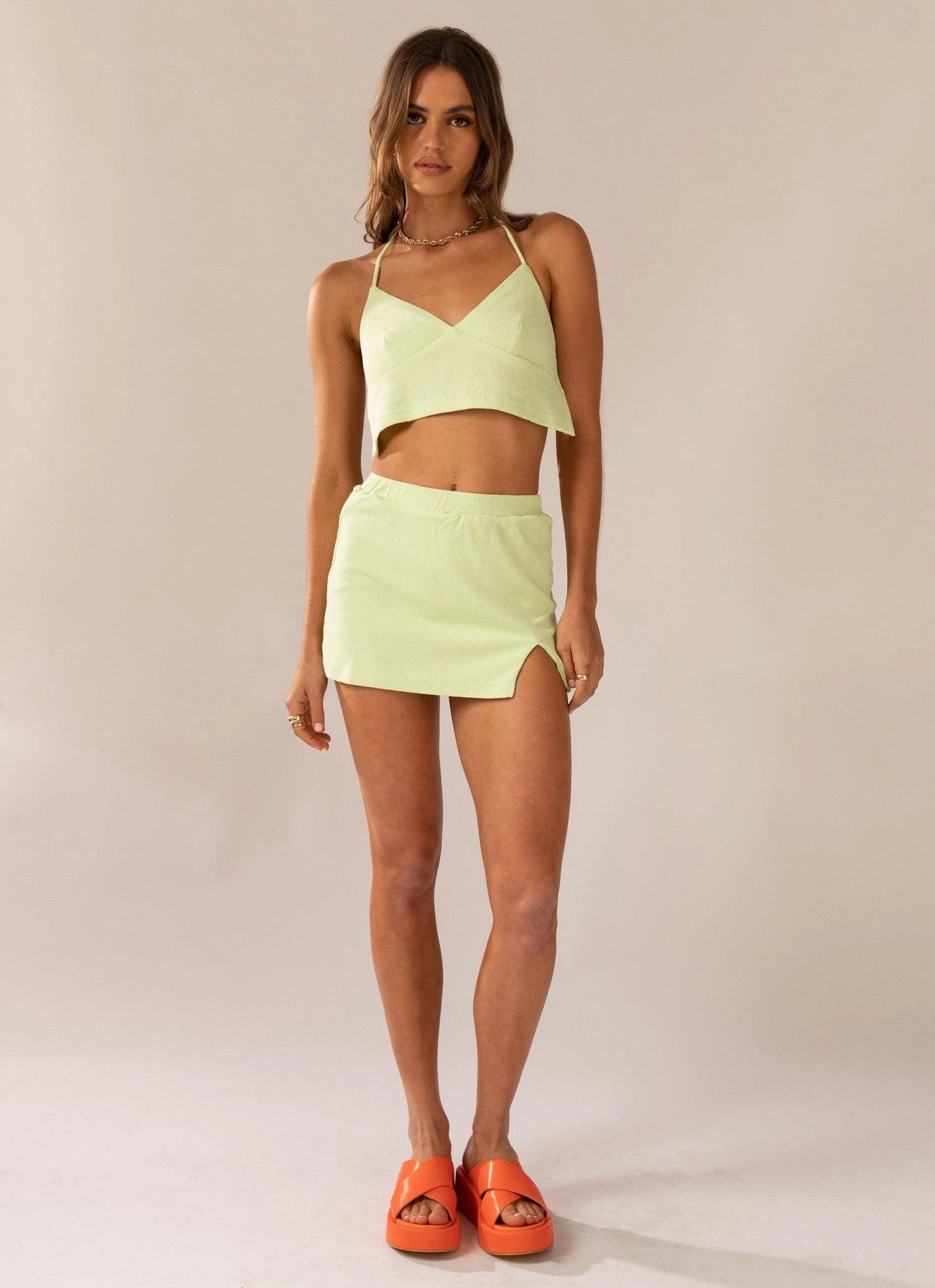 Warmer Water Terry Halter Crop - Lime Green