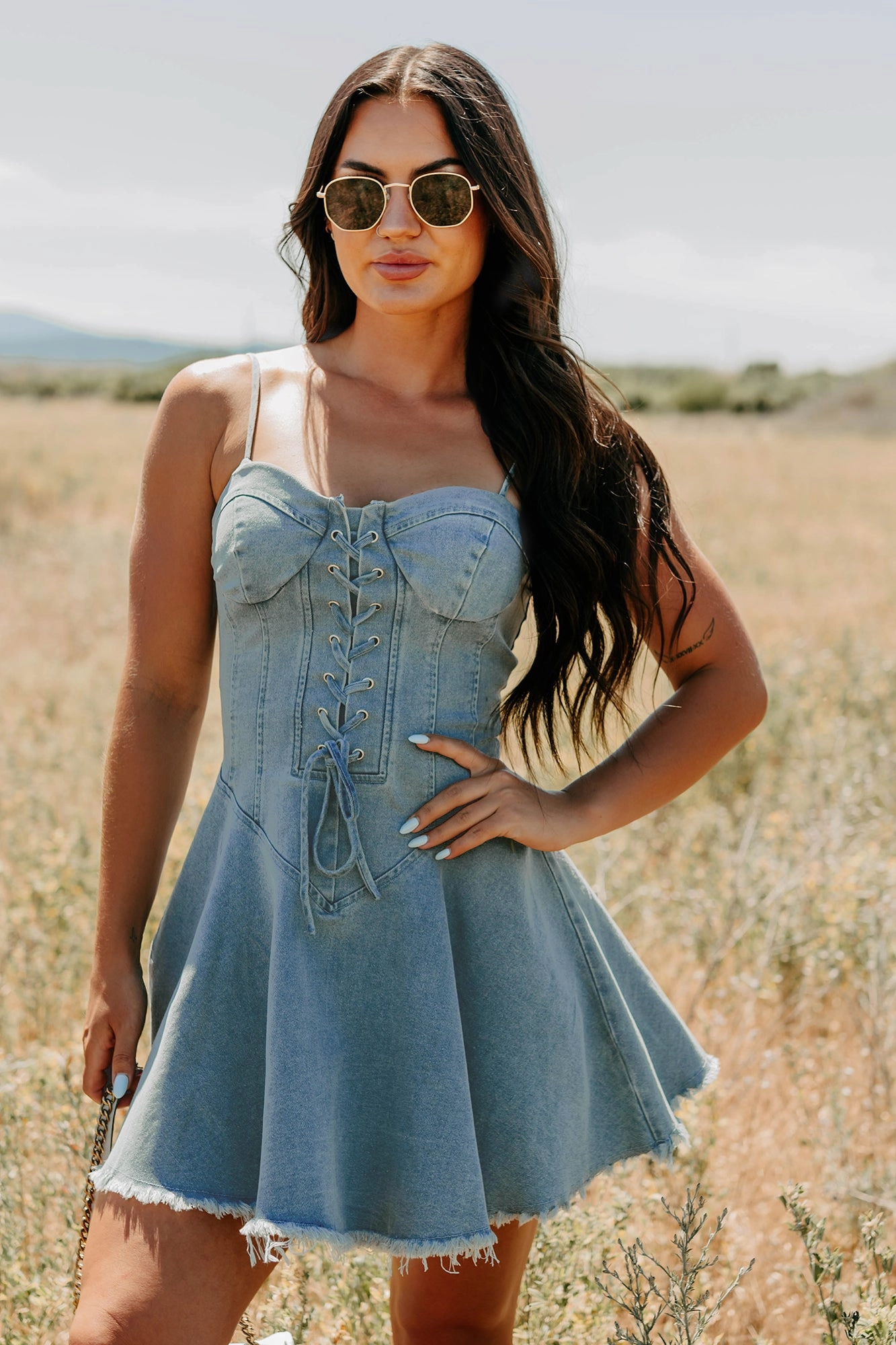 Watch Her Rise Sleeveless Denim Mini Dress (Denim)