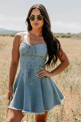 Watch Her Rise Sleeveless Denim Mini Dress (Denim) Watch Her Rise Sleeveless Denim Mini Dress (Denim)