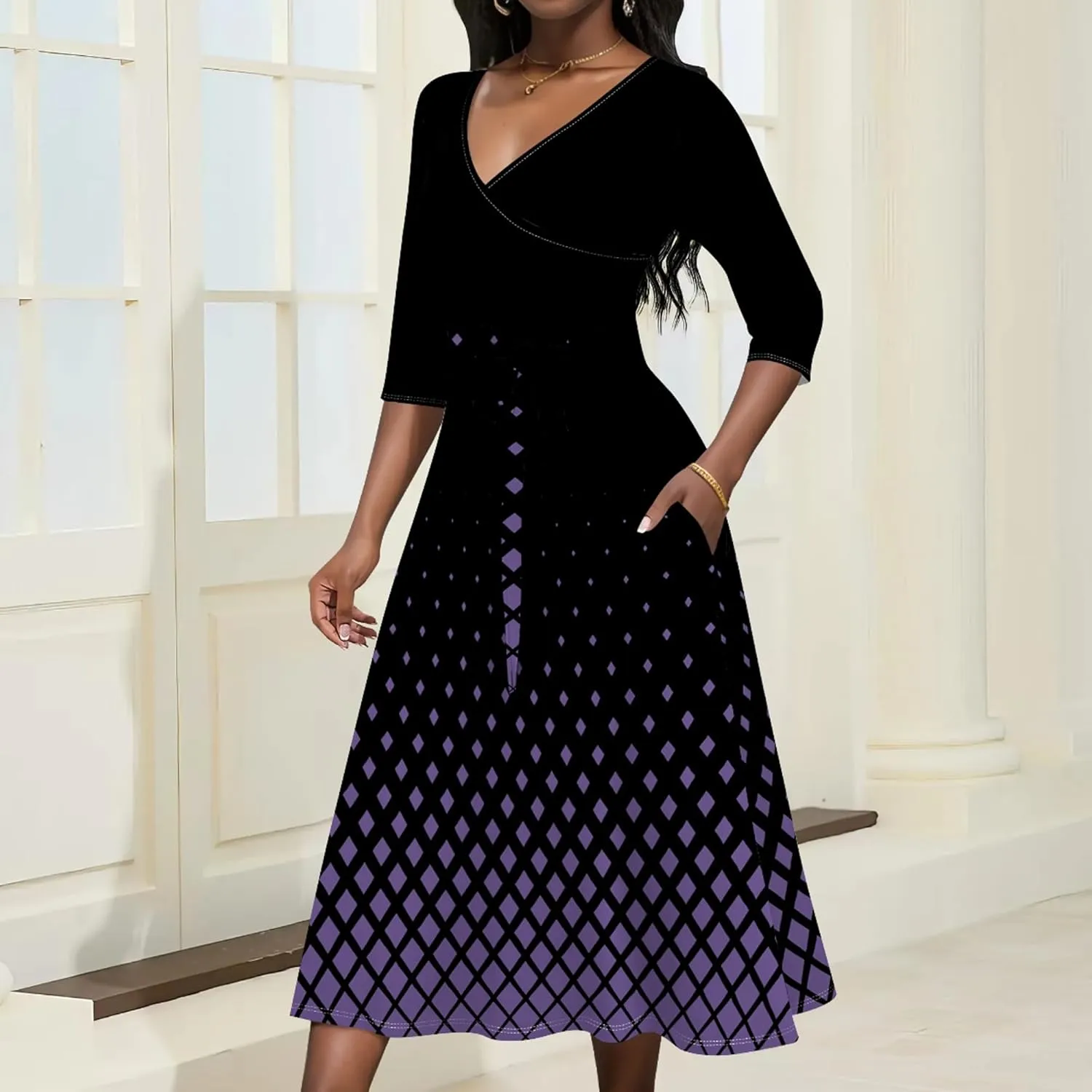 Wedding Guest Dresses for Women Casual 3/4 Sleeve V Neck Wrap Belt Trendy with Pockets A-Line Elegant Cocktail Party Dress