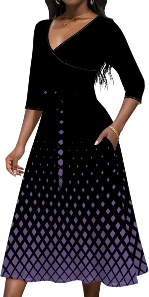 Wedding Guest Dresses for Women Casual 3/4 Sleeve V Neck Wrap Belt Trendy with Pockets A-Line Elegant Cocktail Party Dress