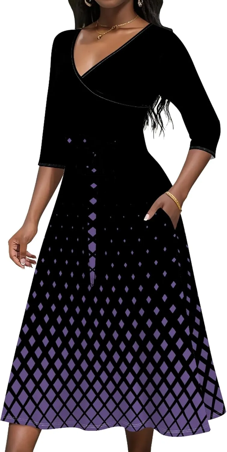 Wedding Guest Dresses for Women Casual 3/4 Sleeve V Neck Wrap Belt Trendy with Pockets A-Line Elegant Cocktail Party Dress